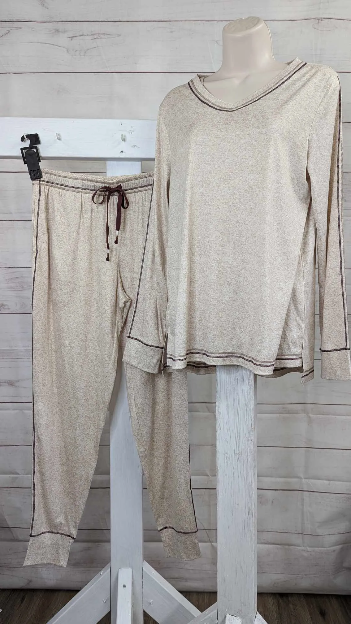 1X OATMEAL HTHR A516684 Cuddl Duds Regular Sound Sleep Pajama Set with Stitch Detail