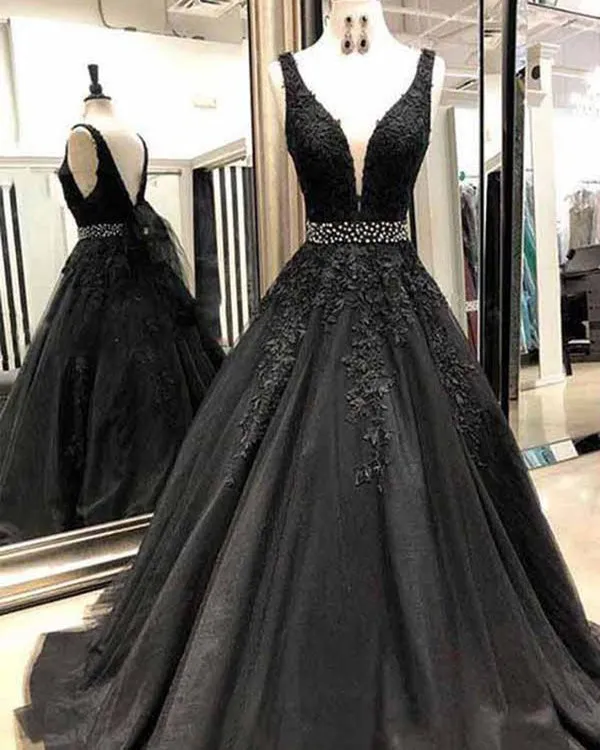 2020 Sexy Deep V-Neck Black Tulle Prom Dresses with Lace Appliques Long Prom Gowns for Party