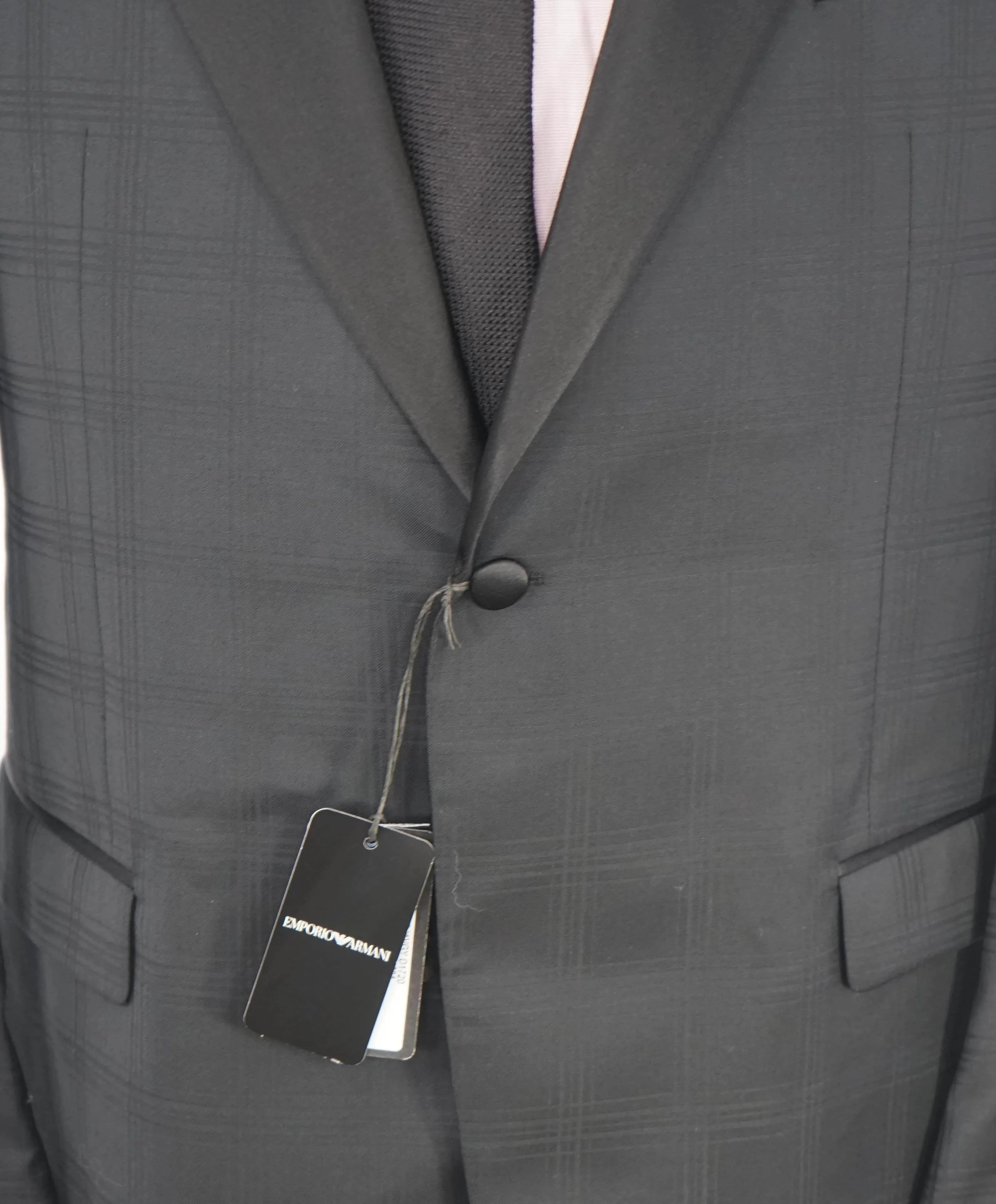 $2,095 EMPORIO ARMANI - “G LINE” CHECK 1-Btn Peak Lapel 130's Tuxedo Suit - 48R