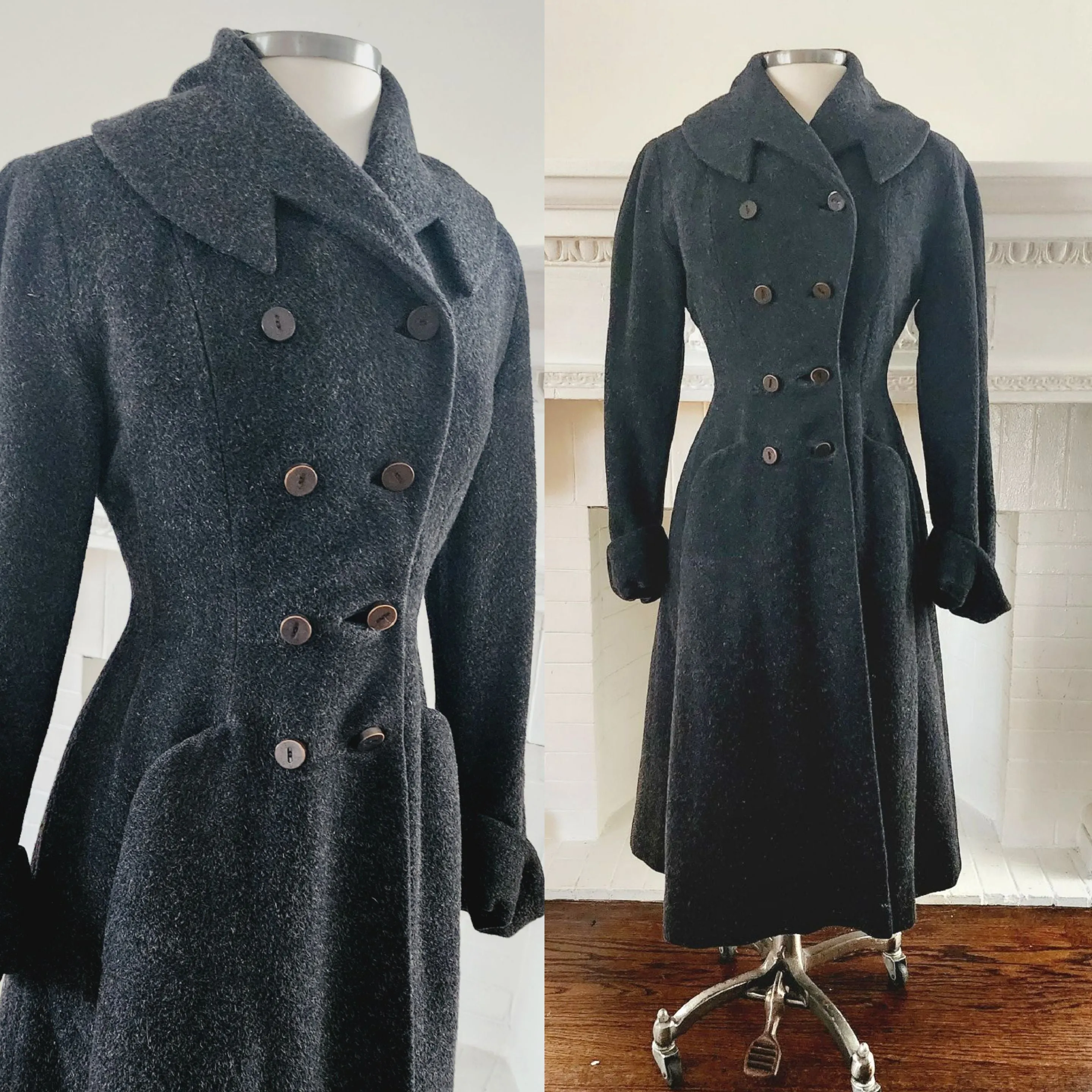 40s 50s Gray Wool Princess Coat w/Shawl Collar & Double Breasted Closure / Small