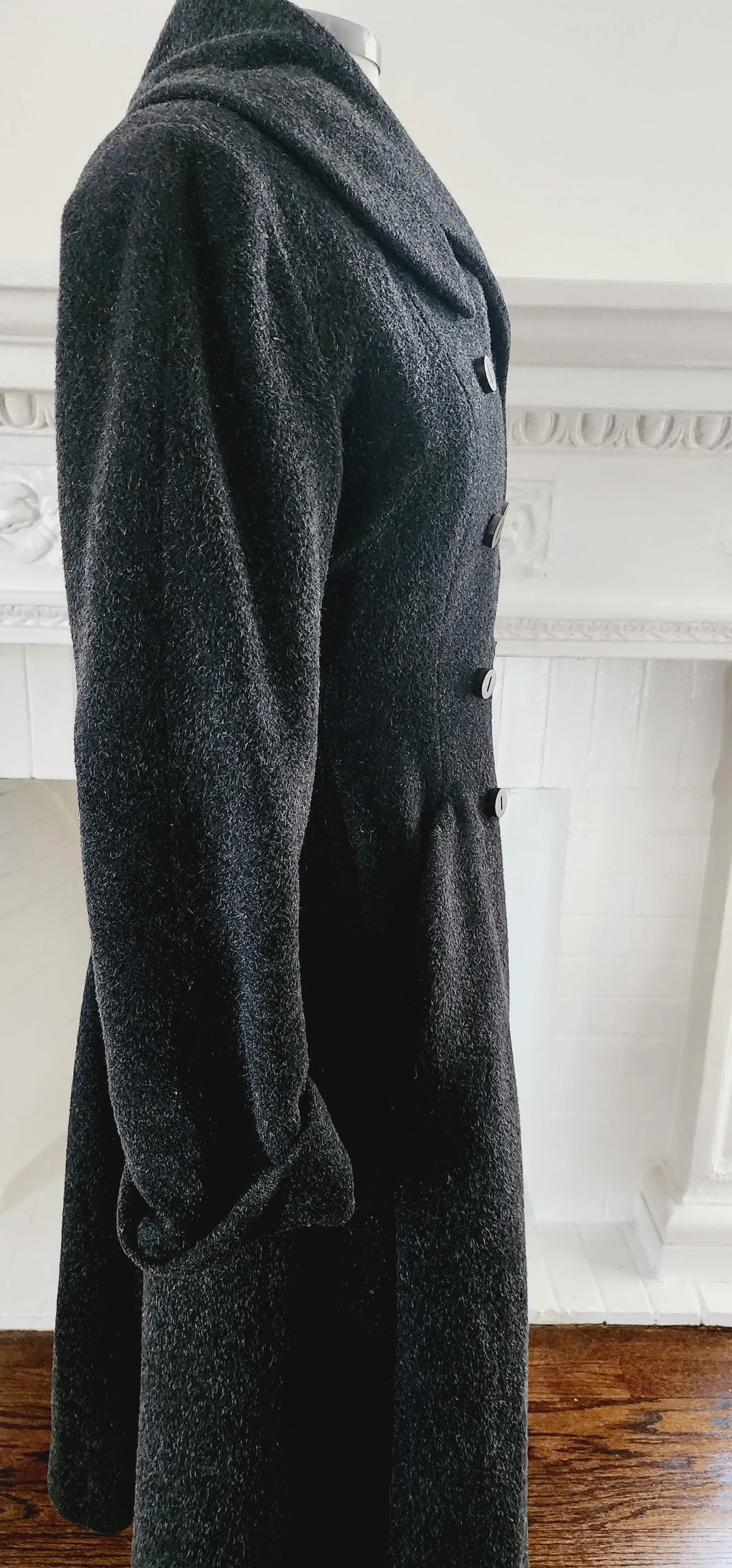 40s 50s Gray Wool Princess Coat w/Shawl Collar & Double Breasted Closure / Small