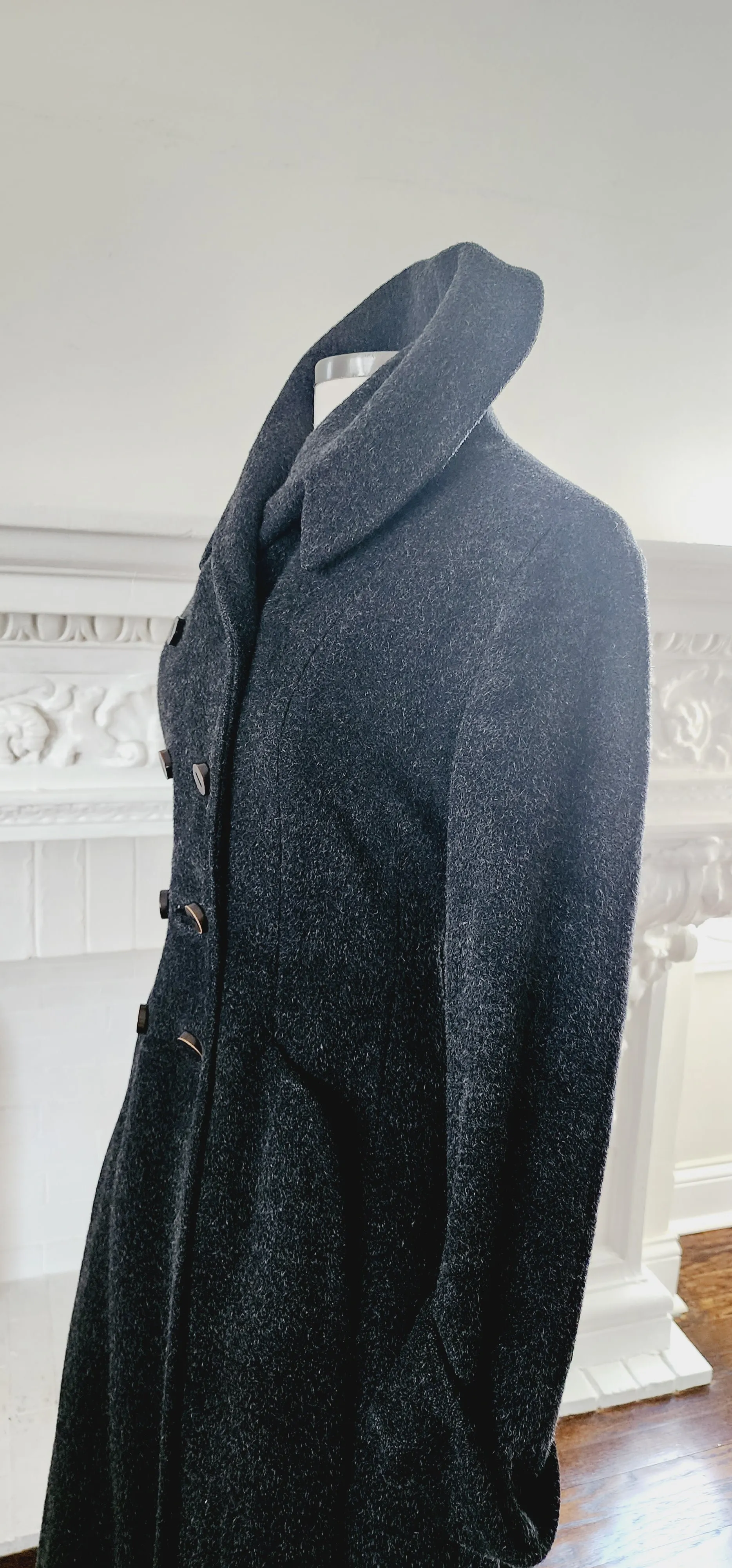 40s 50s Gray Wool Princess Coat w/Shawl Collar & Double Breasted Closure / Small