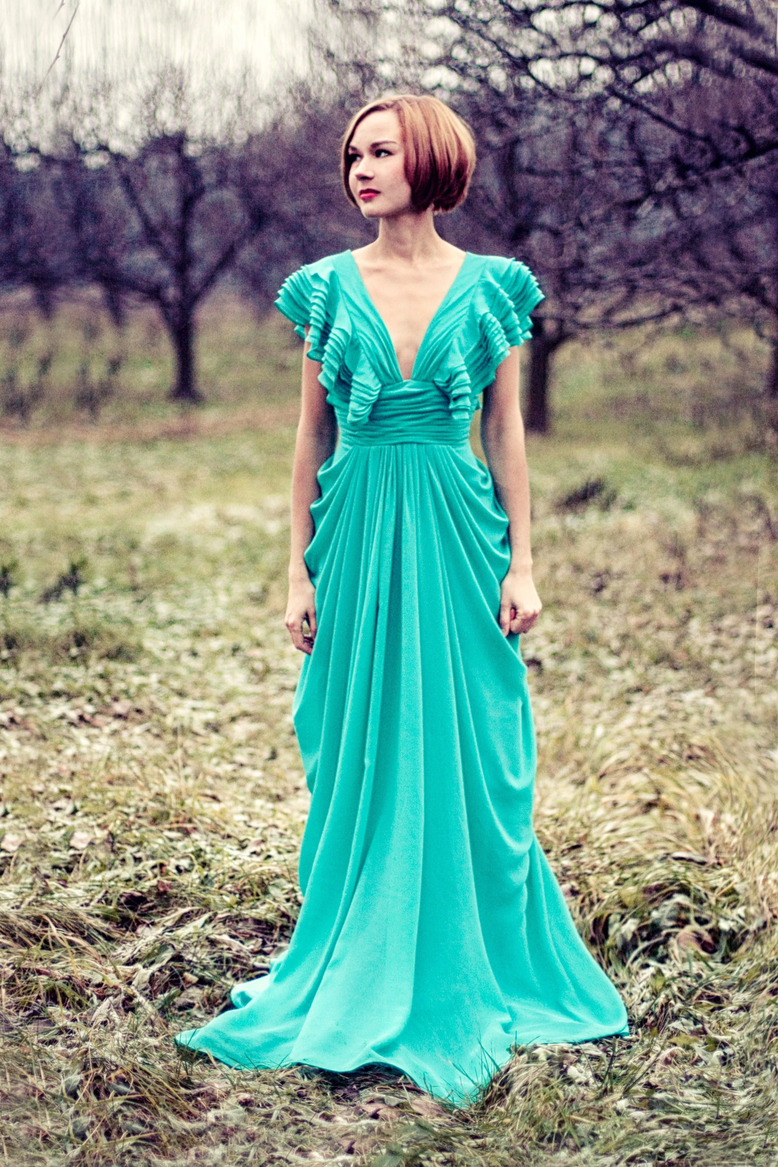 A-line Deep V-neck Floor Length Chiffon Backless Prom Dress