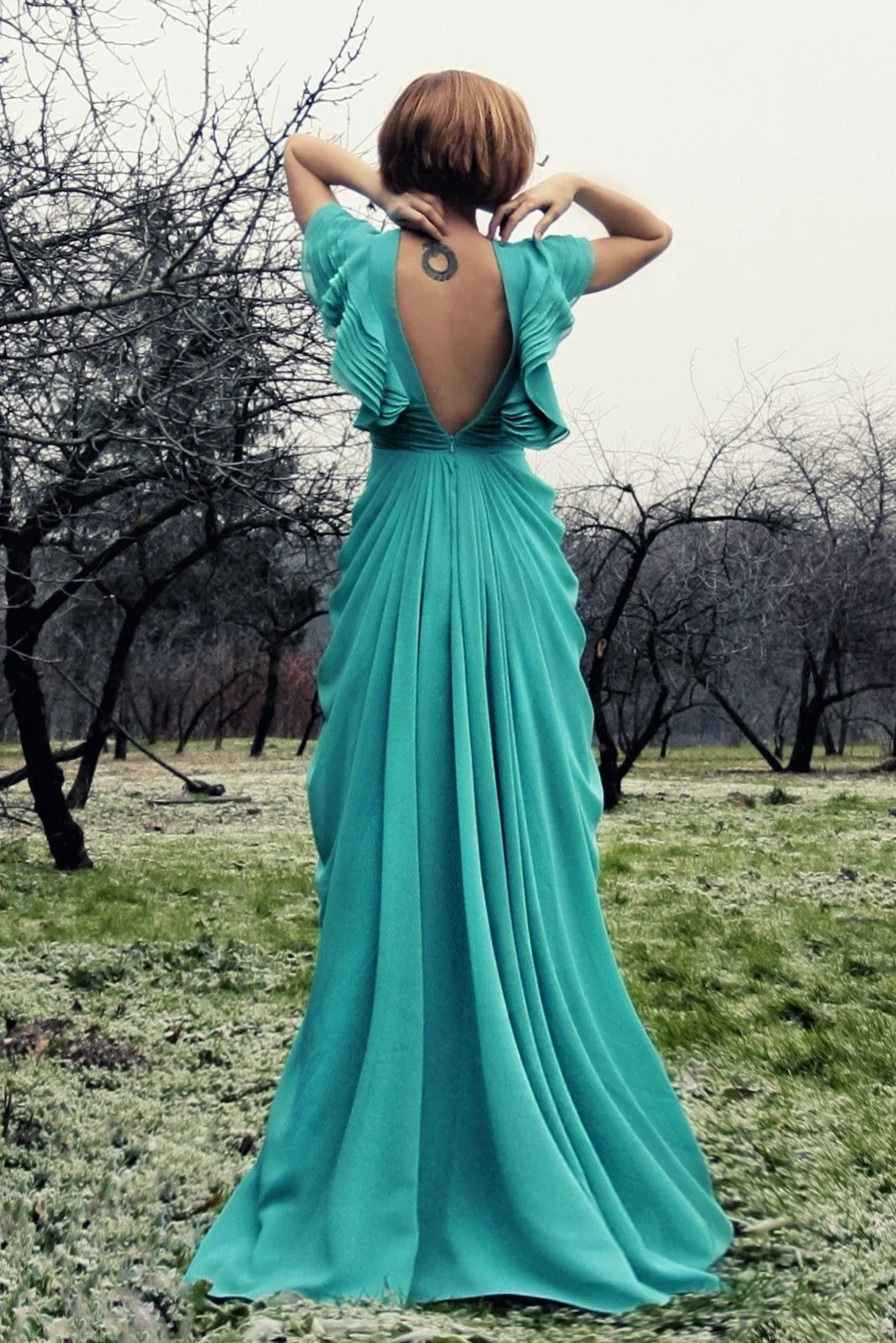A-line Deep V-neck Floor Length Chiffon Backless Prom Dress