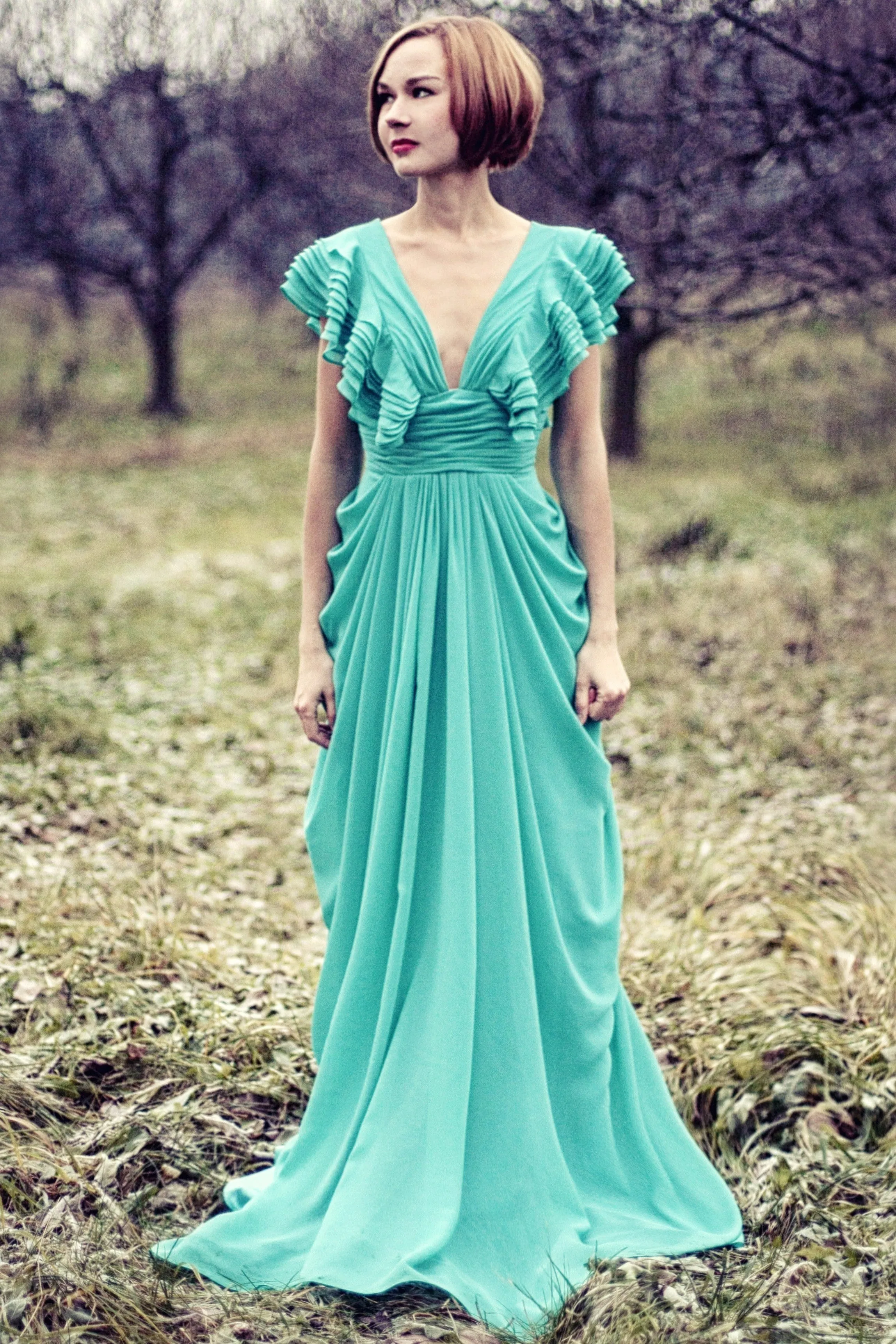A-line Deep V-neck Floor Length Chiffon Backless Prom Dress