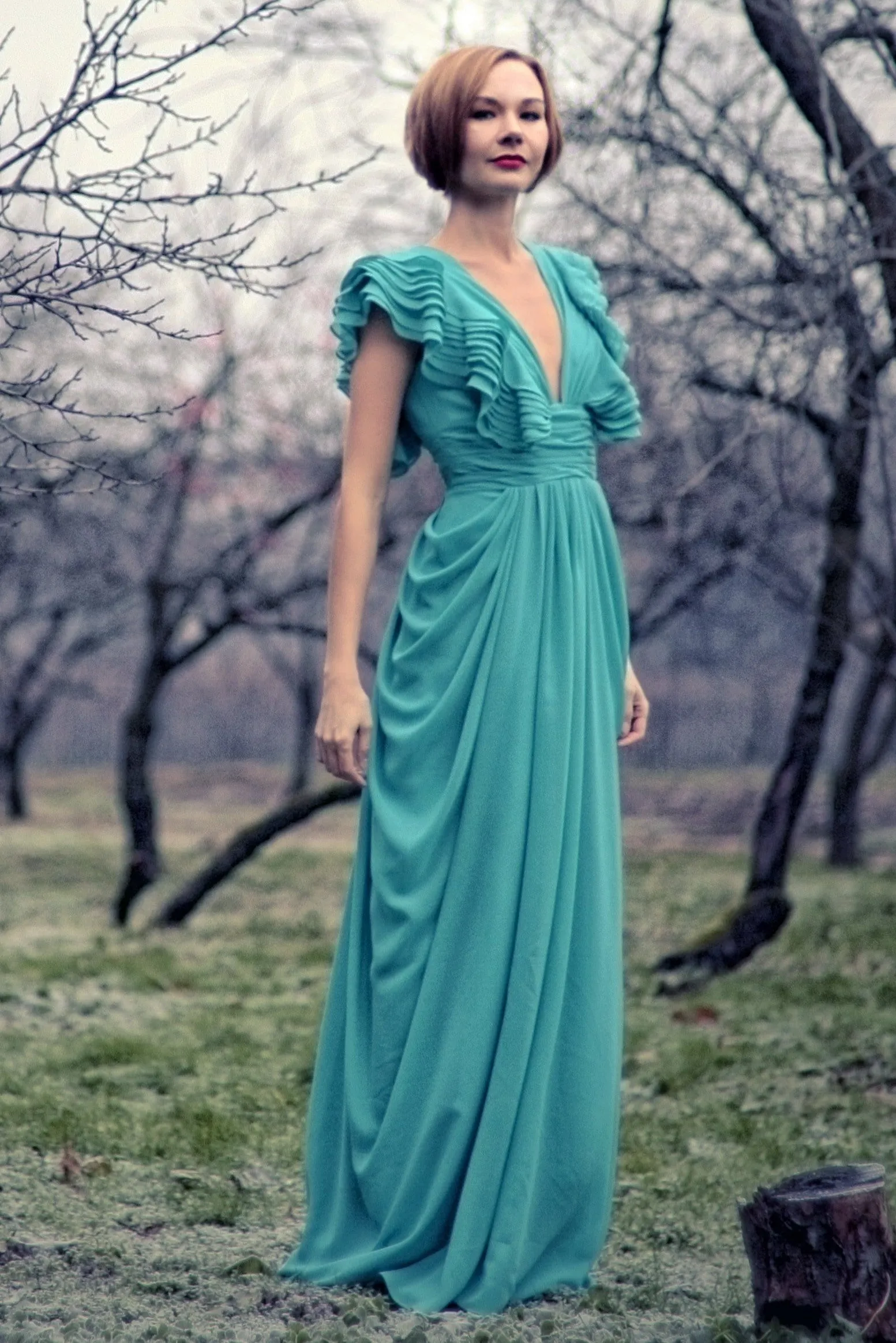 A-line Deep V-neck Floor Length Chiffon Backless Prom Dress