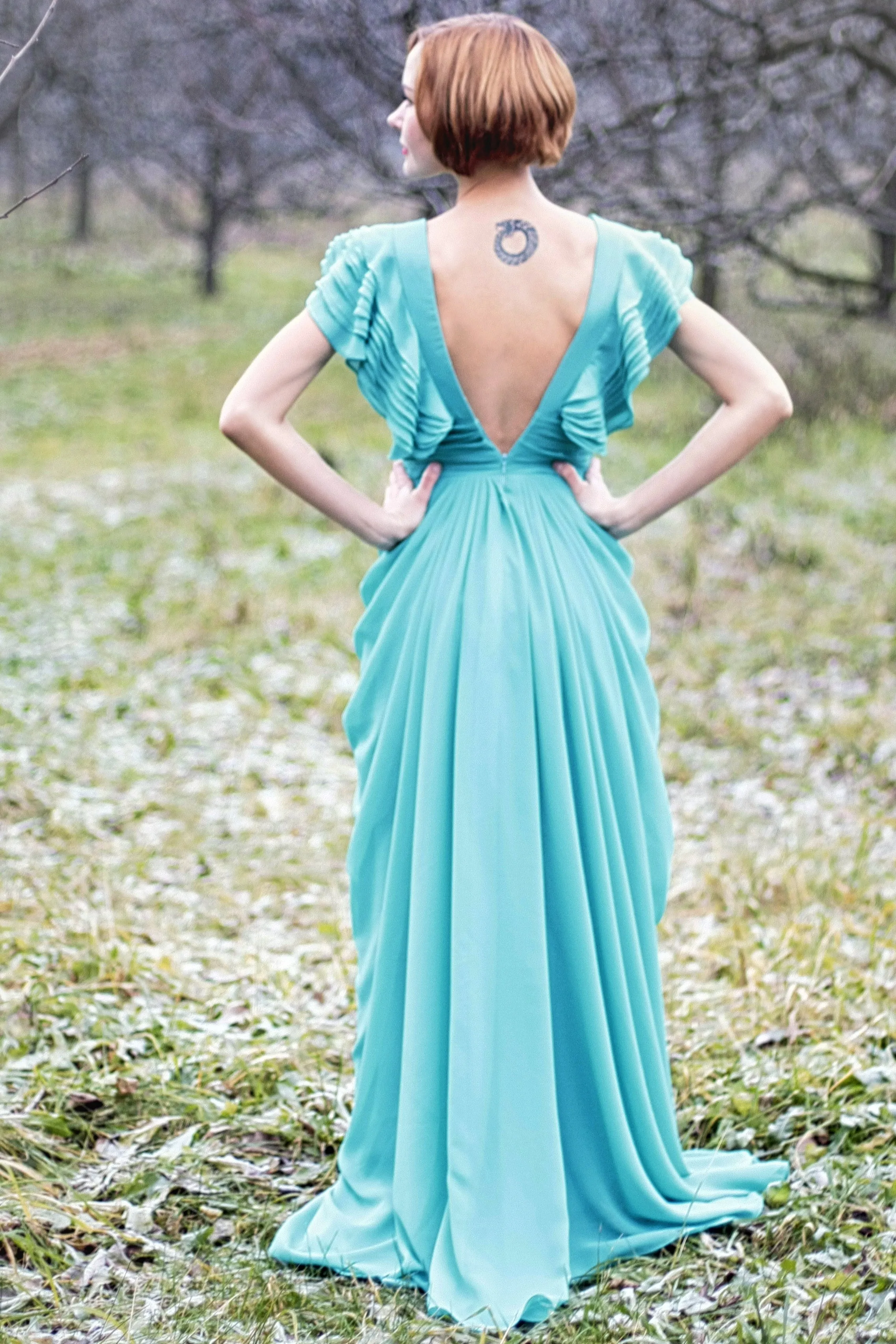 A-line Deep V-neck Floor Length Chiffon Backless Prom Dress