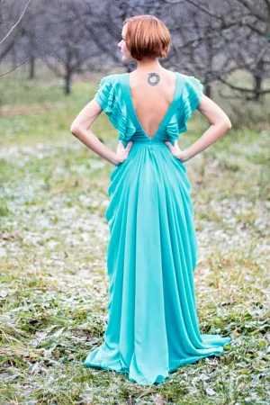 A-line Deep V-neck Floor Length Chiffon Backless Prom Dress
