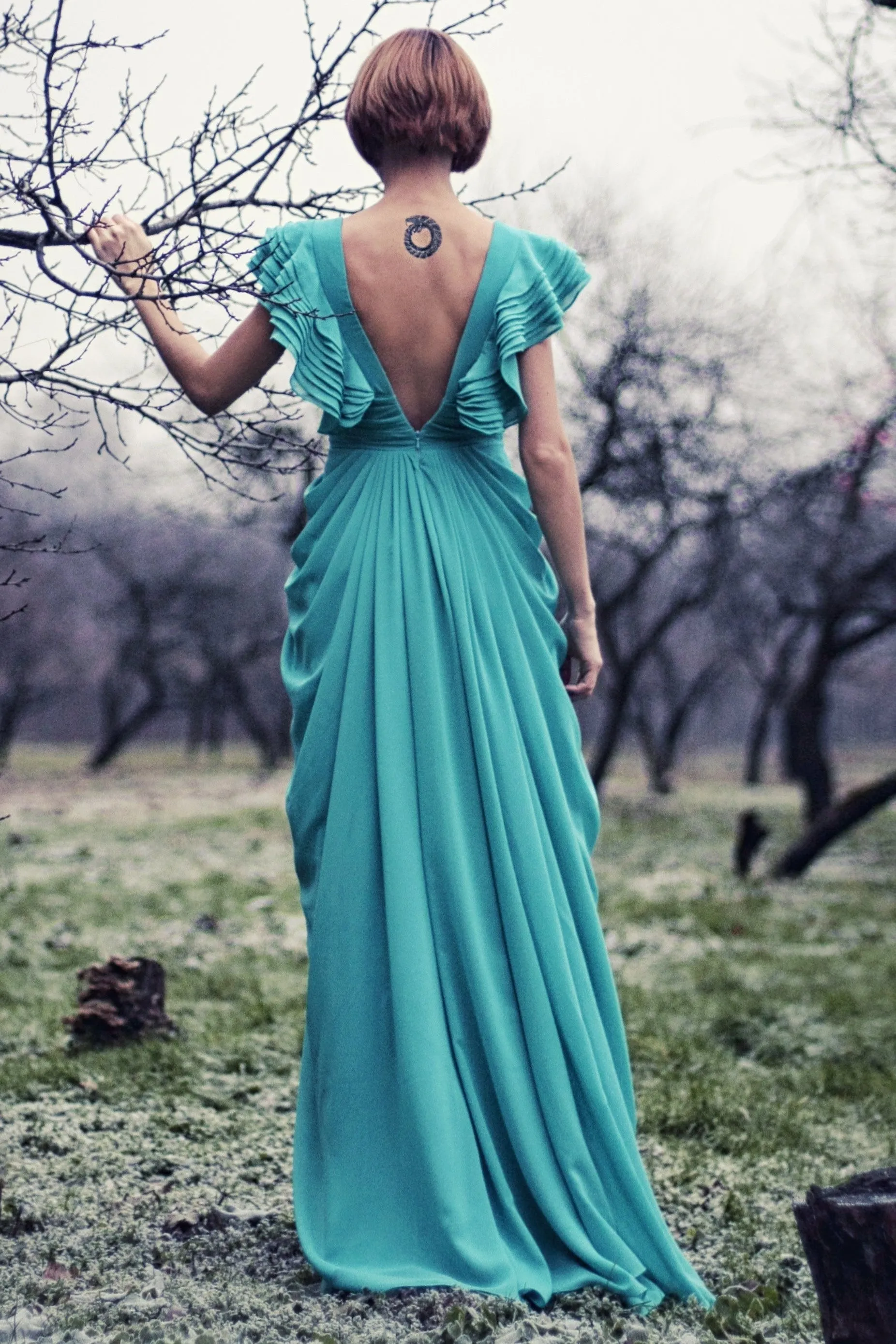 A-line Deep V-neck Floor Length Chiffon Backless Prom Dress