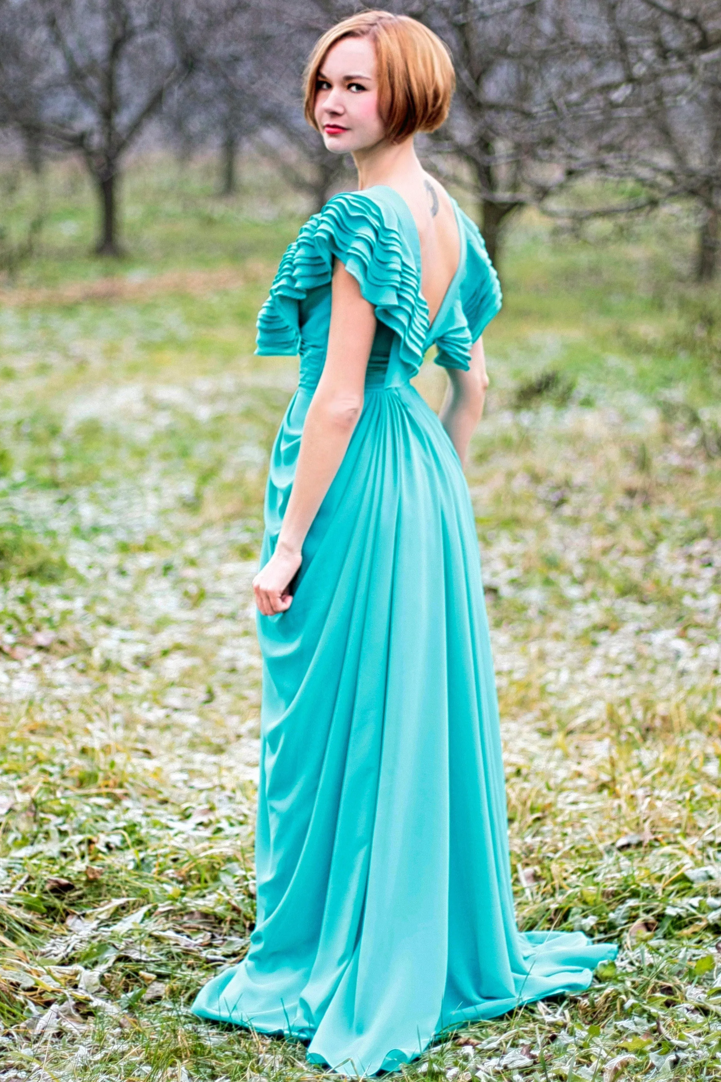 A-line Deep V-neck Floor Length Chiffon Backless Prom Dress