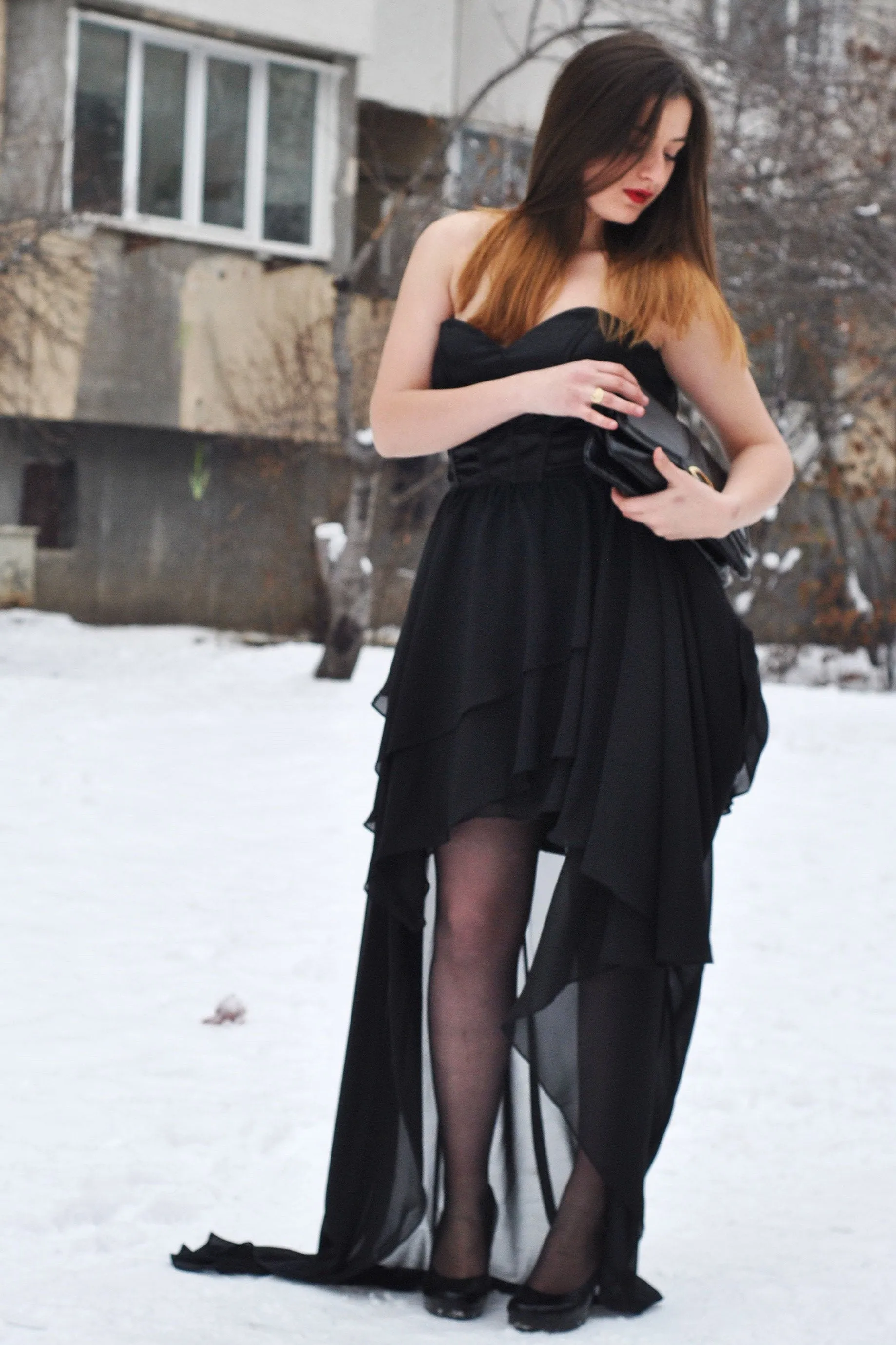 A-line Sweetheart High-low Length Chapel Chiffon Prom Dress