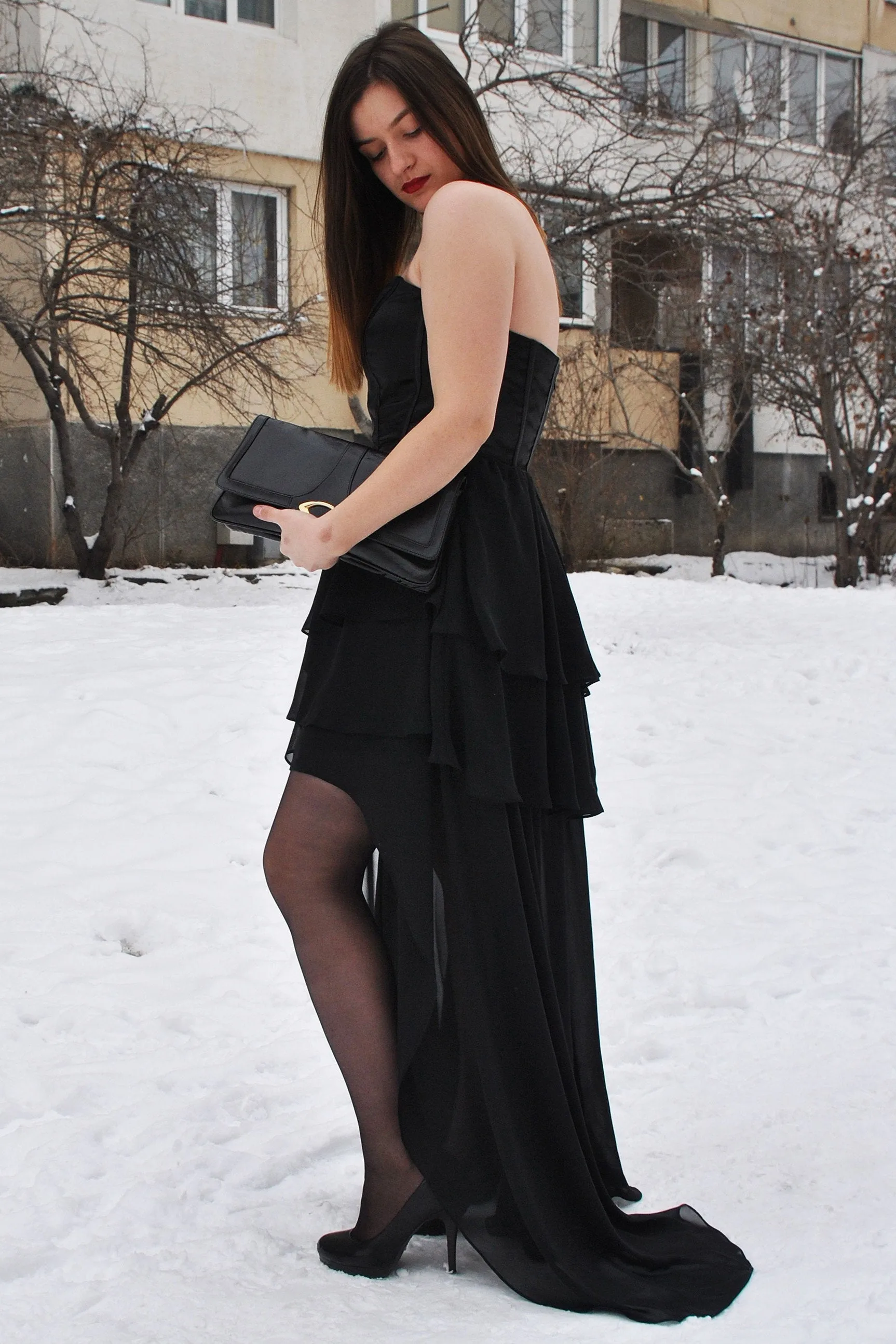 A-line Sweetheart High-low Length Chapel Chiffon Prom Dress