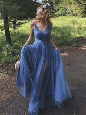 A Line V Neck Blue Long Prom, V Neck Long Blue Formal Graduation Evening