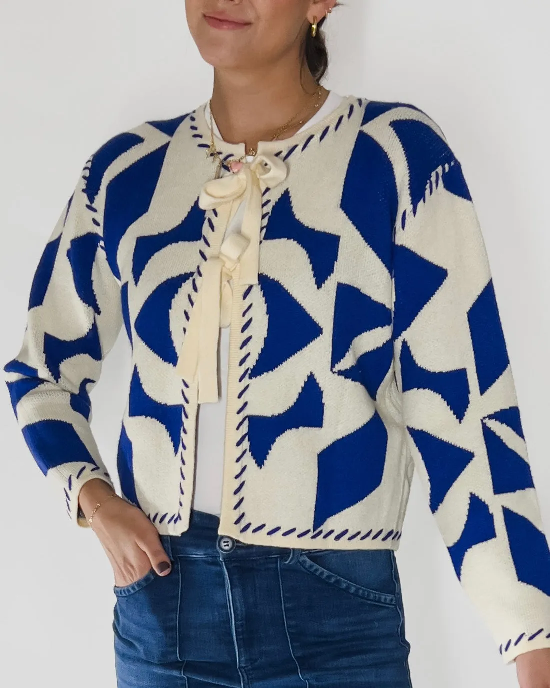 Ana Geo Knit Tie Front Cardigan