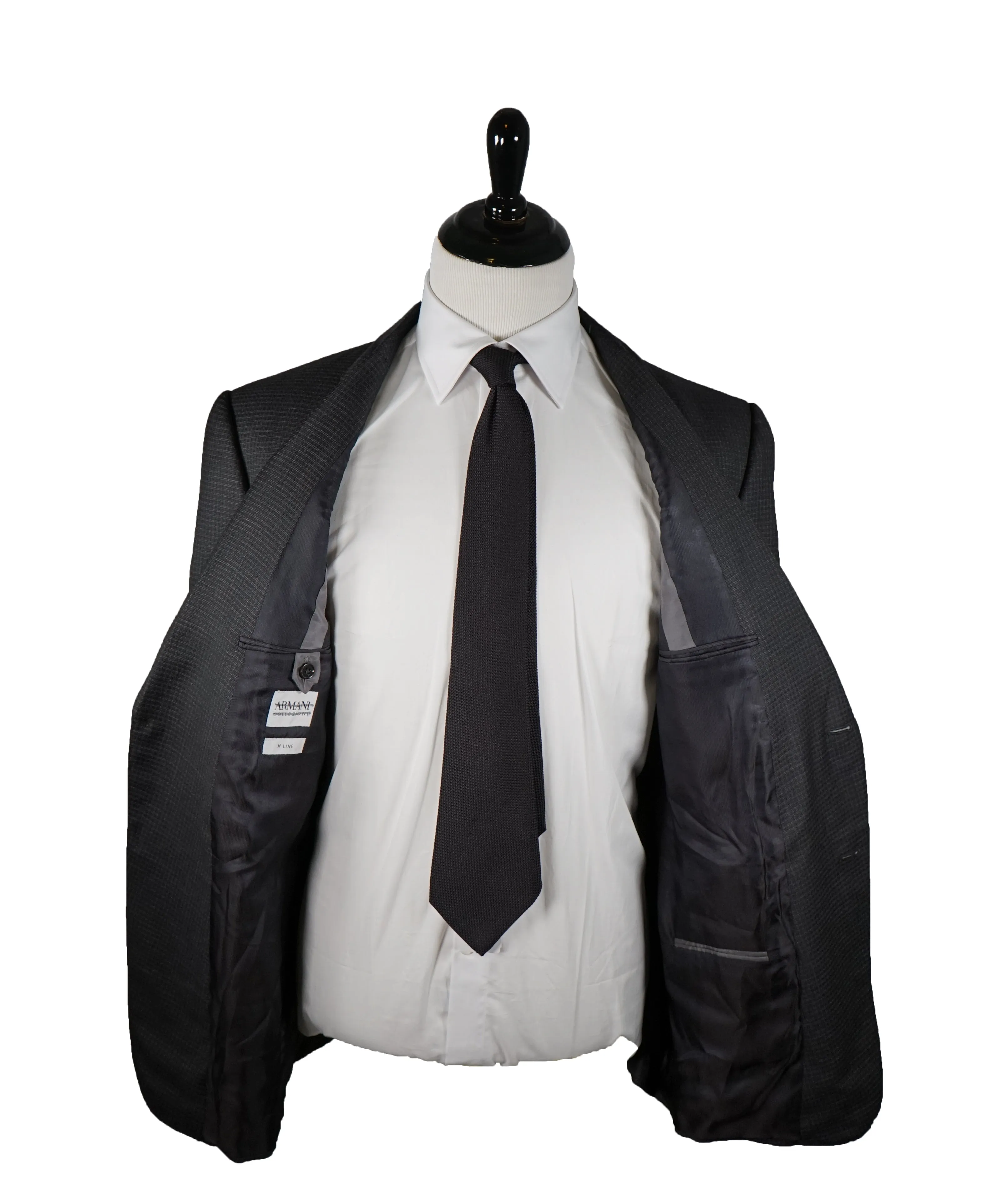 ARMANI COLLEZIONI - “M LINE” MICRO-CHECK BASKET WEAVE GRAY SUIT - 46L