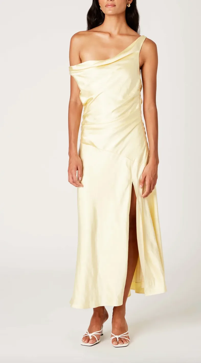 Asymmetrical High Slit Bias Cut Midi Dress