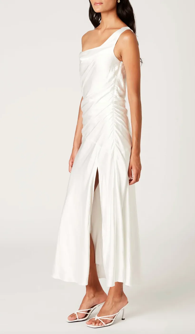 Asymmetrical High Slit Bias Cut Midi Dress