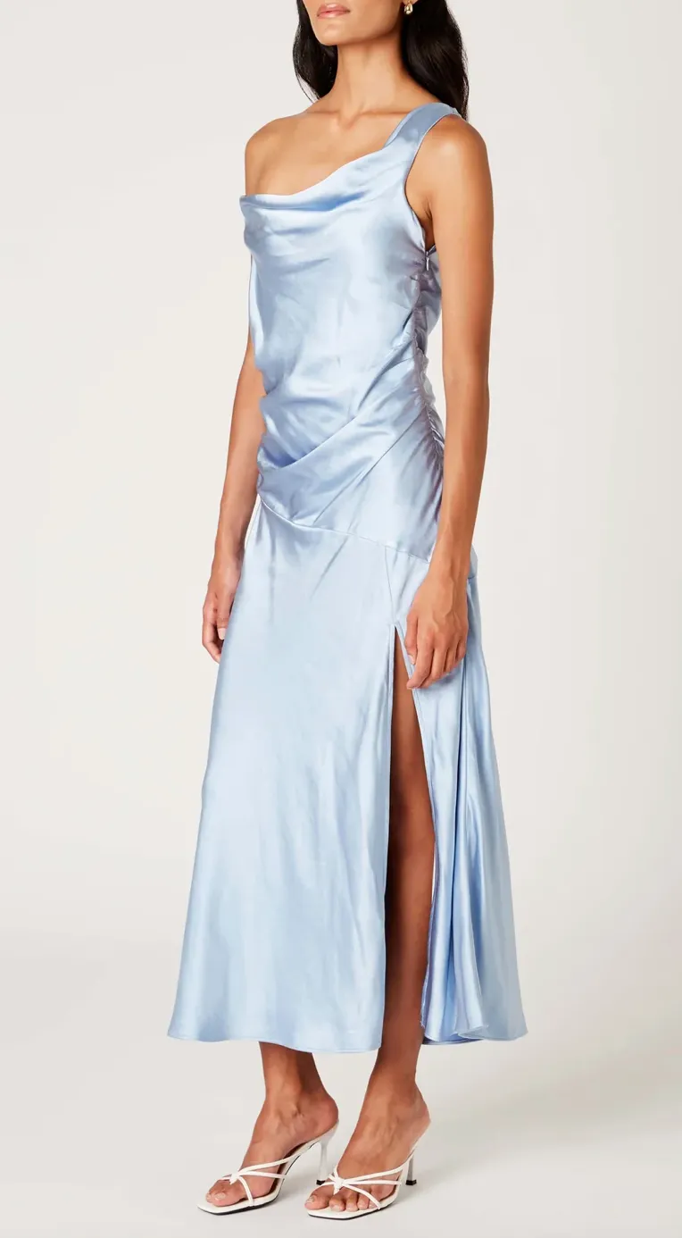 Asymmetrical High Slit Bias Cut Midi Dress