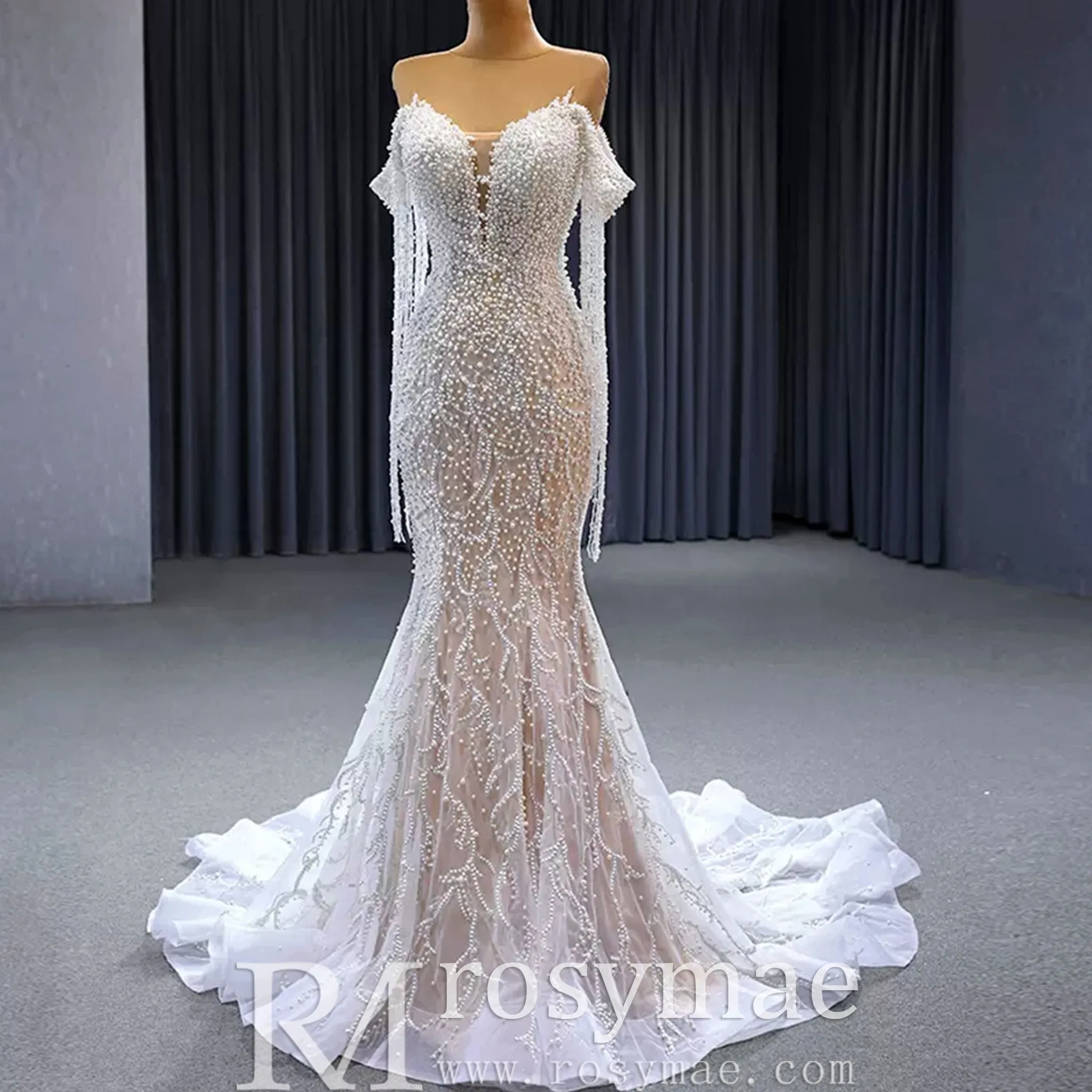 Beaded Pearl Mermaid Wedding Dress Bridal Dress with Off the Shoulder