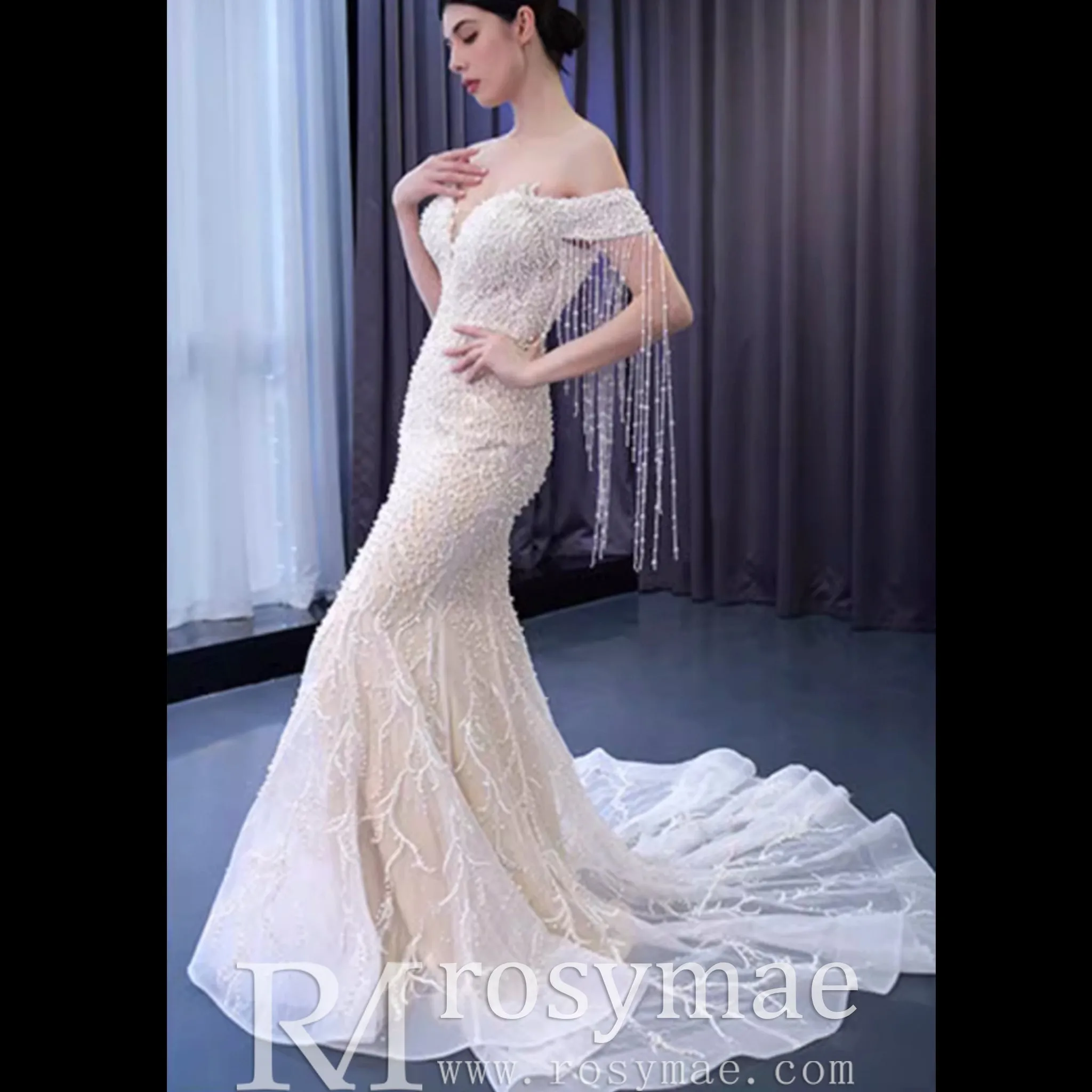 Beaded Pearl Mermaid Wedding Dress Bridal Dress with Off the Shoulder