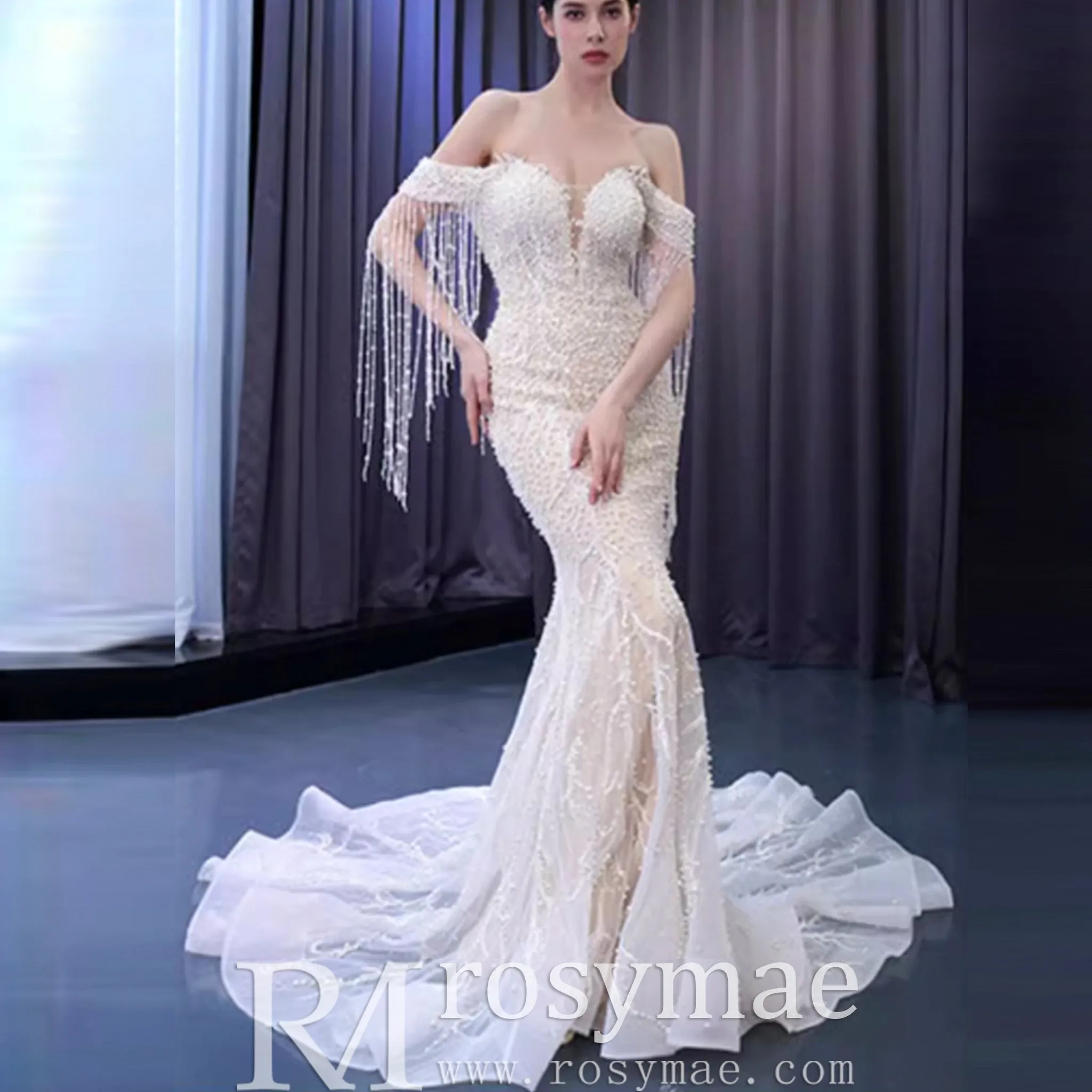 Beaded Pearl Mermaid Wedding Dress Bridal Dress with Off the Shoulder