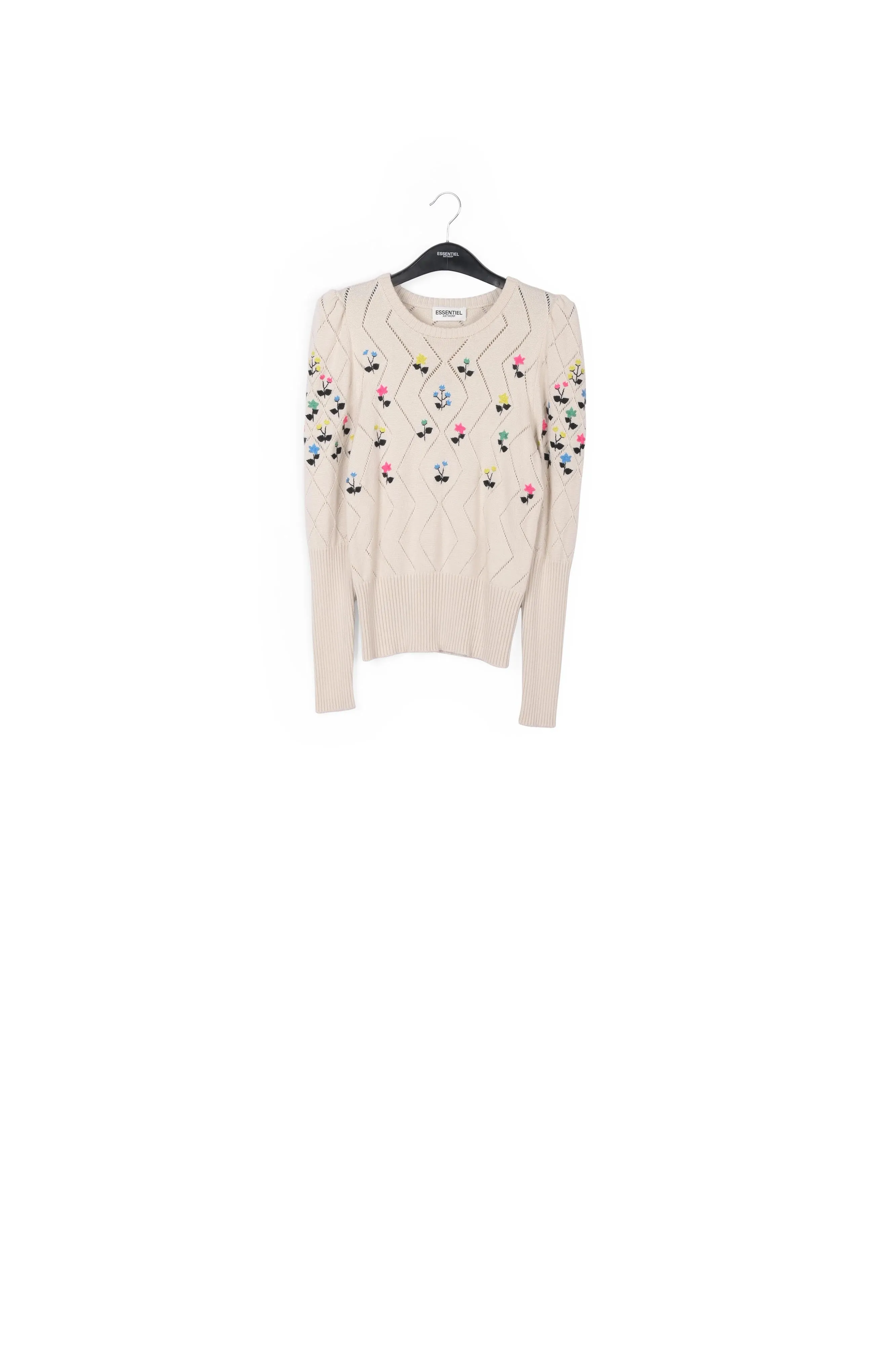 Beige pointelle-knitted sweater with floral embroideries