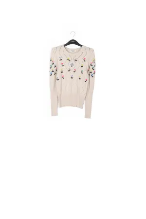 Beige pointelle-knitted sweater with floral embroideries