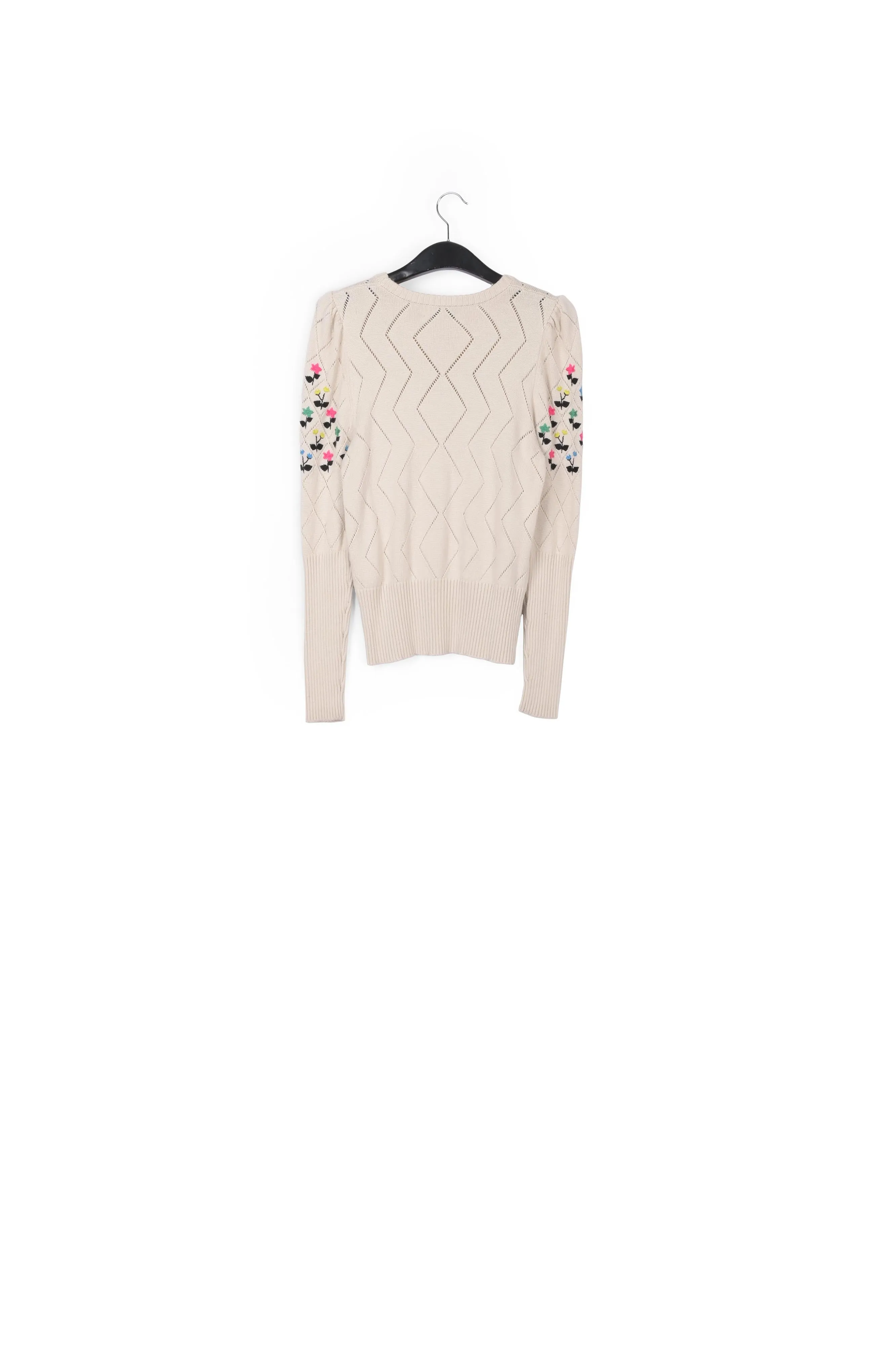Beige pointelle-knitted sweater with floral embroideries