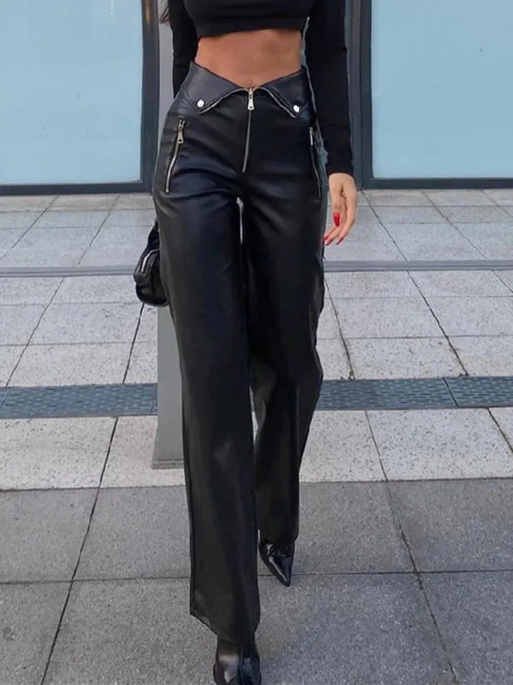 Bella - PU Leather Zipper Slim Pants
