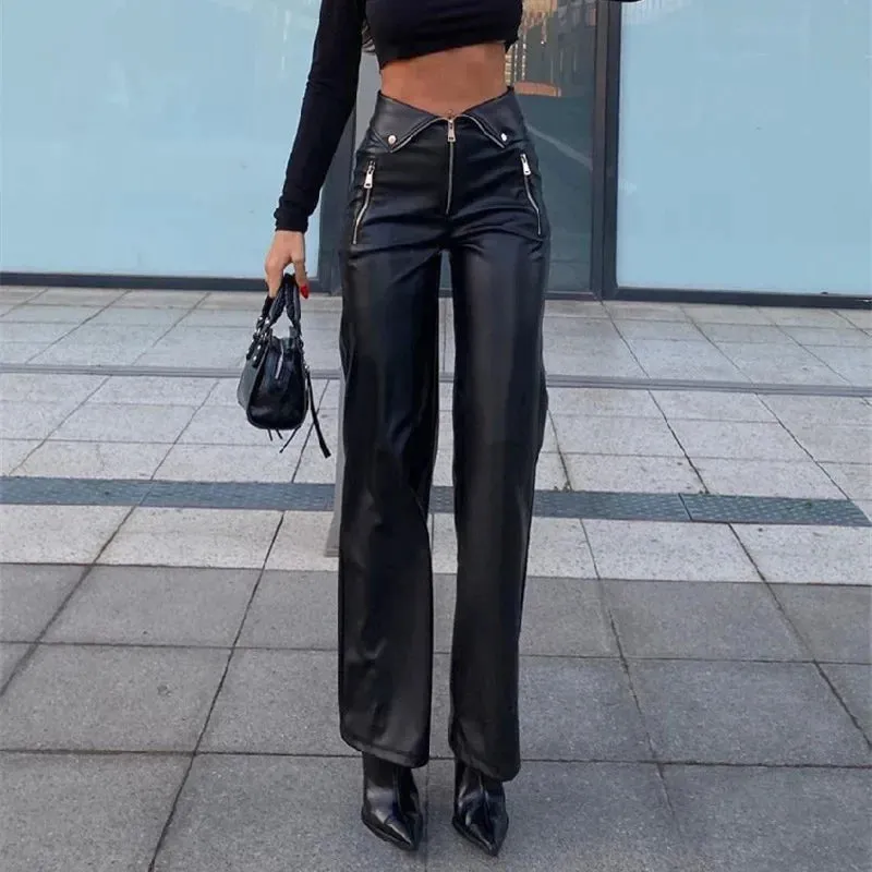 Bella - PU Leather Zipper Slim Pants