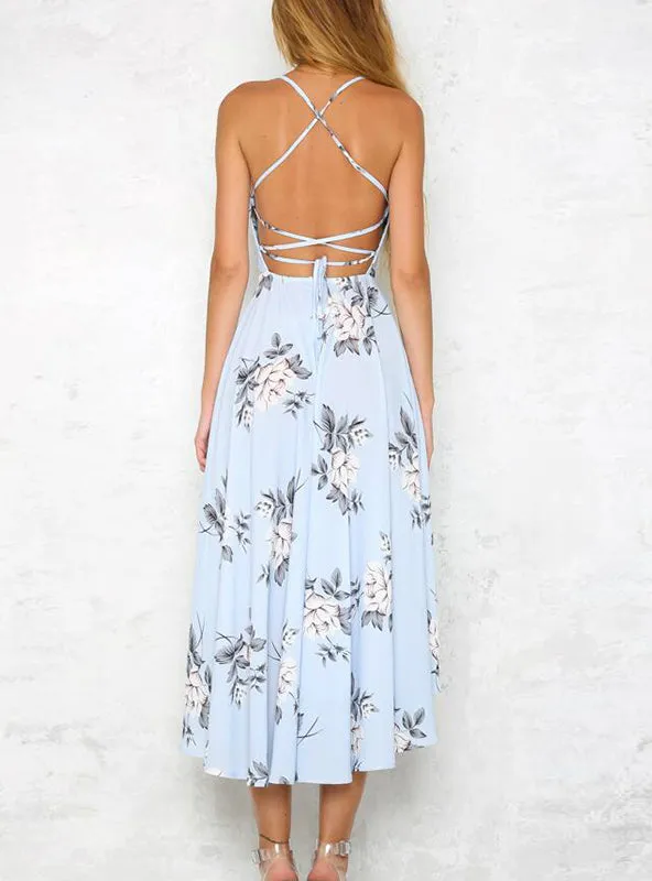 BerryBetty - Girl Halter Strapless Floral Print Blue Women Dresses
