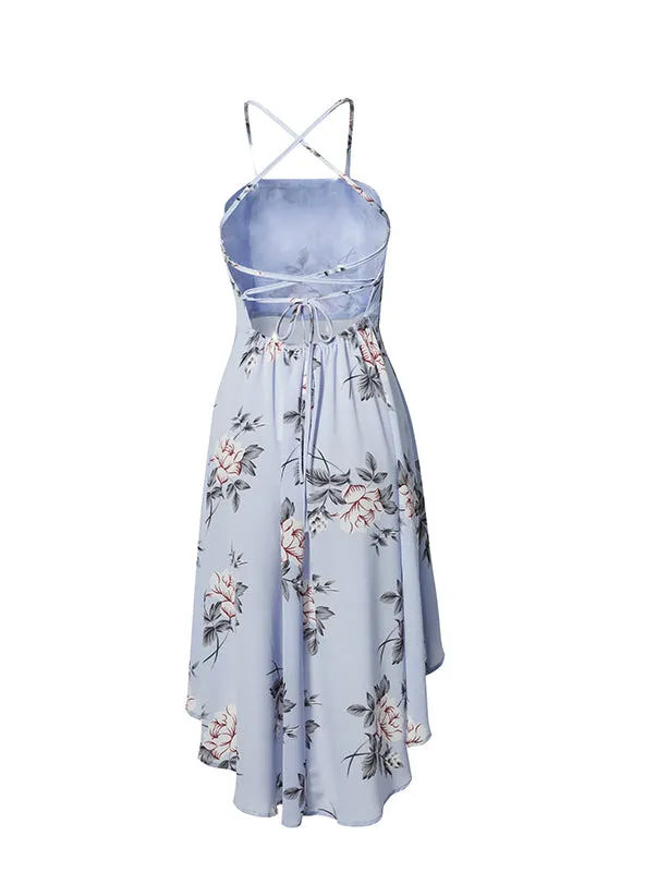 BerryBetty - Girl Halter Strapless Floral Print Blue Women Dresses