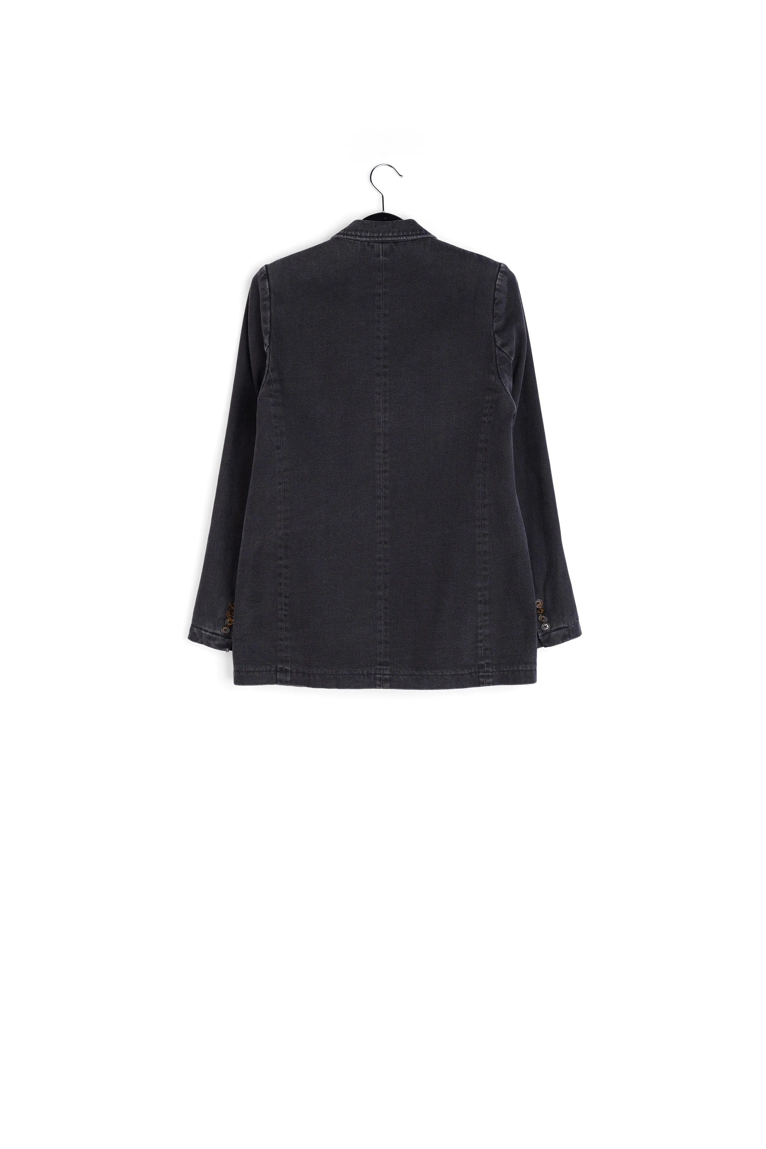 Black double-breasted denim blazer