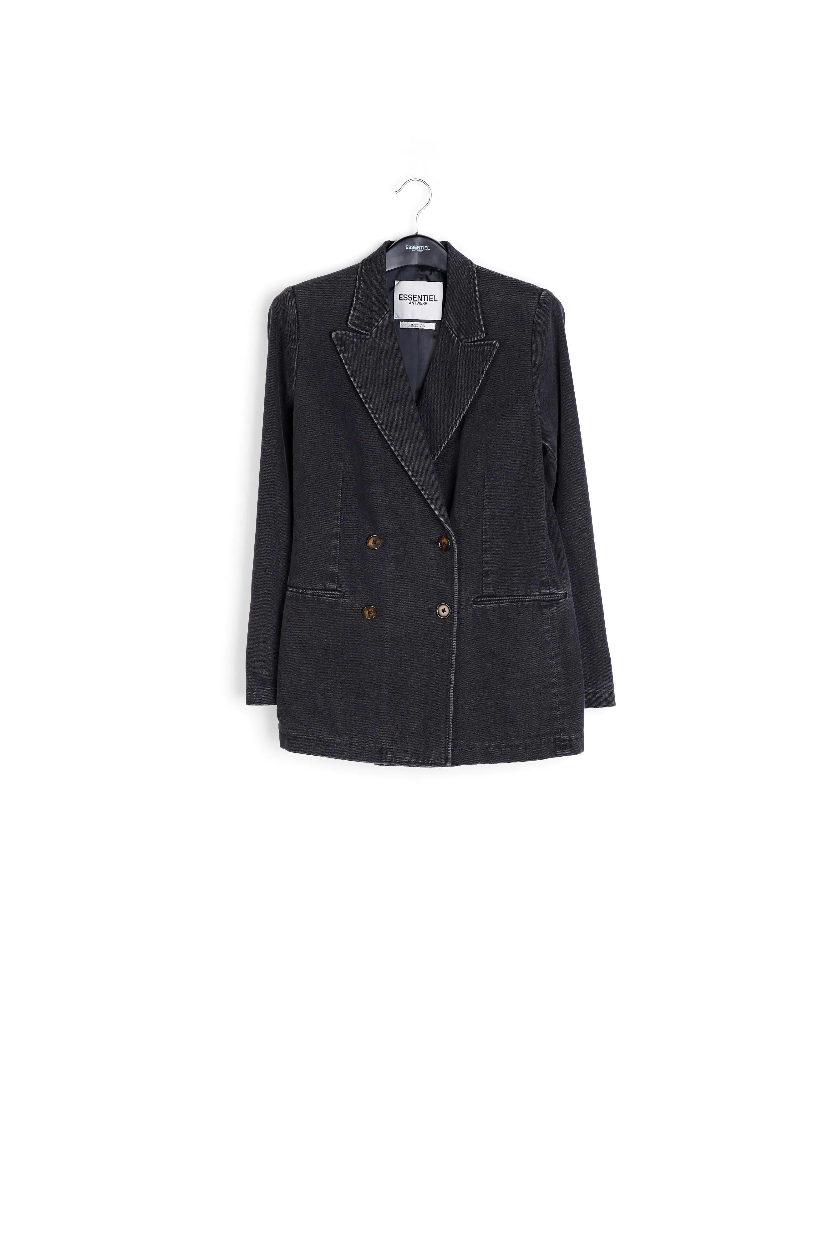 Black double-breasted denim blazer