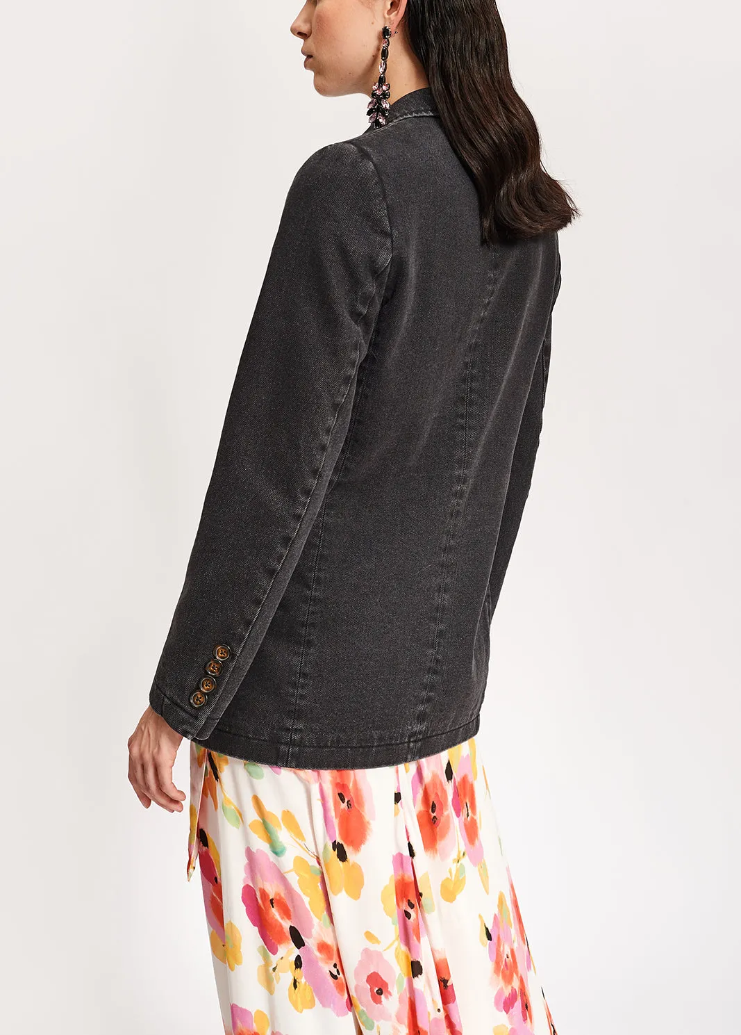 Black double-breasted denim blazer