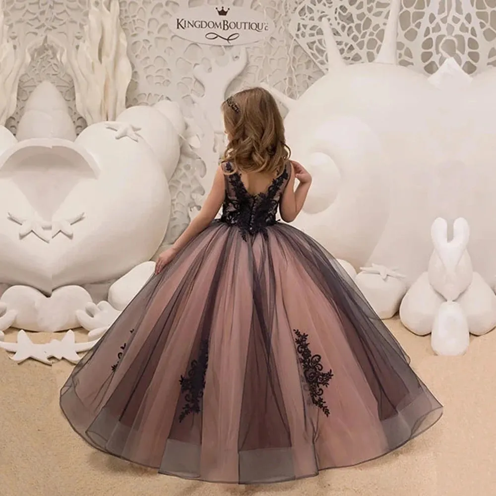 Black Lace Flower Girl Dresses For Party Elegant Sleeveless V Neck Girls Pageant Princess Birthday Dress