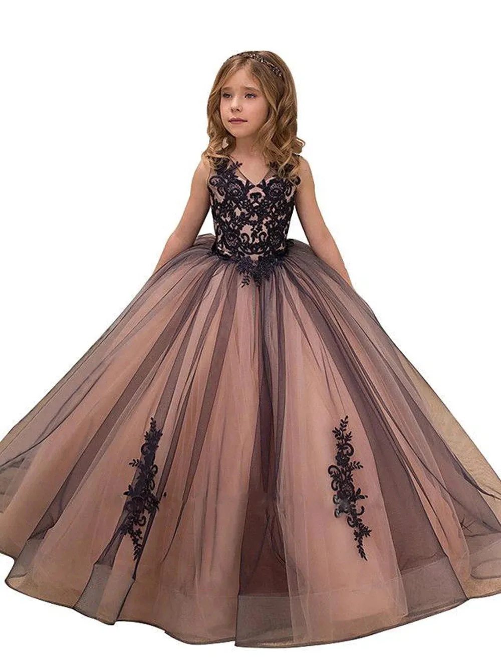 Black Lace Flower Girl Dresses For Party Elegant Sleeveless V Neck Girls Pageant Princess Birthday Dress
