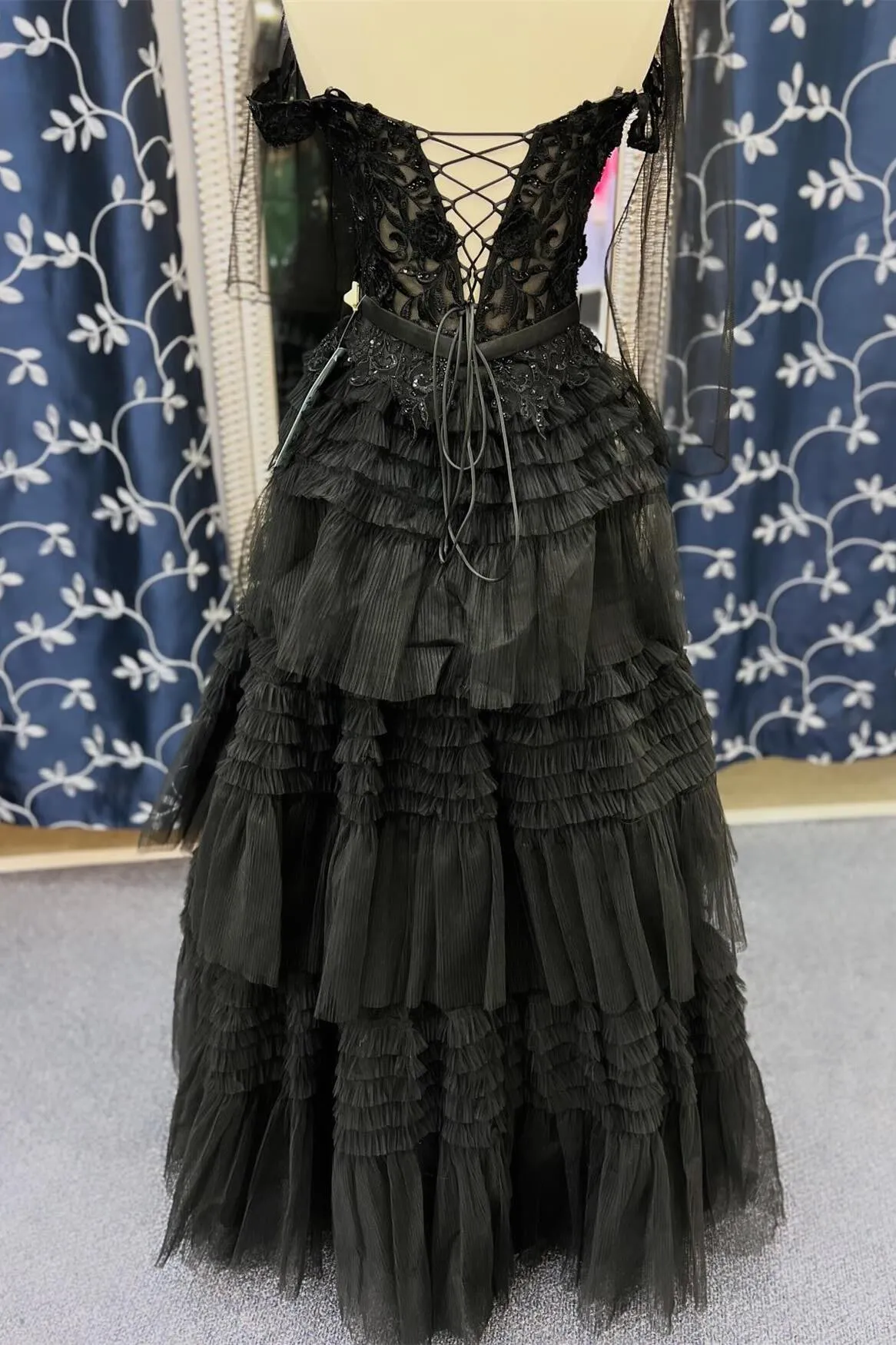 Black Off the Shoulder Tulle Tiered Ruffles Gown