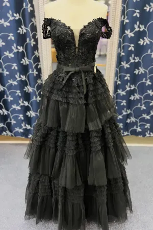 Black Off the Shoulder Tulle Tiered Ruffles Gown