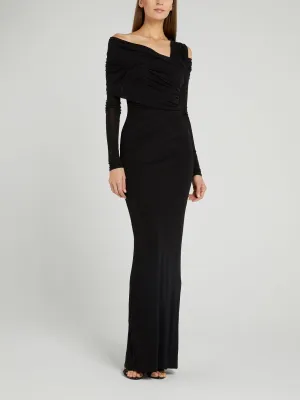 Black Ruched Cold Shoulder Maxi Dress