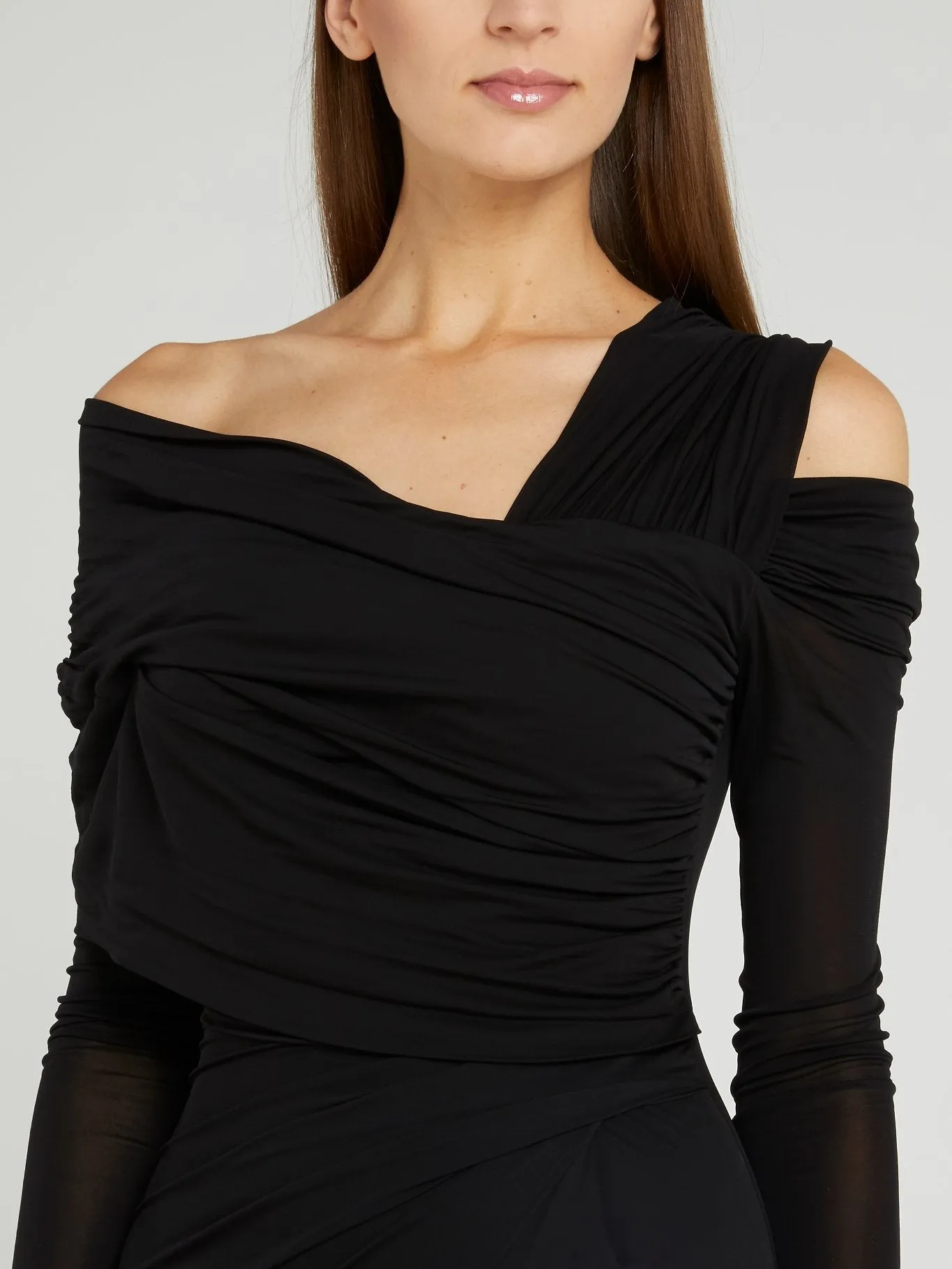 Black Ruched Cold Shoulder Maxi Dress