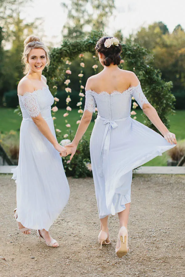 Blue Off The Shoulder Long Sleeves Short Bridesmaid Dresses Online,MBD106
