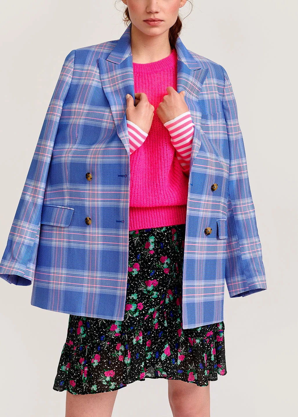 Blue plaid double-breasted blazer