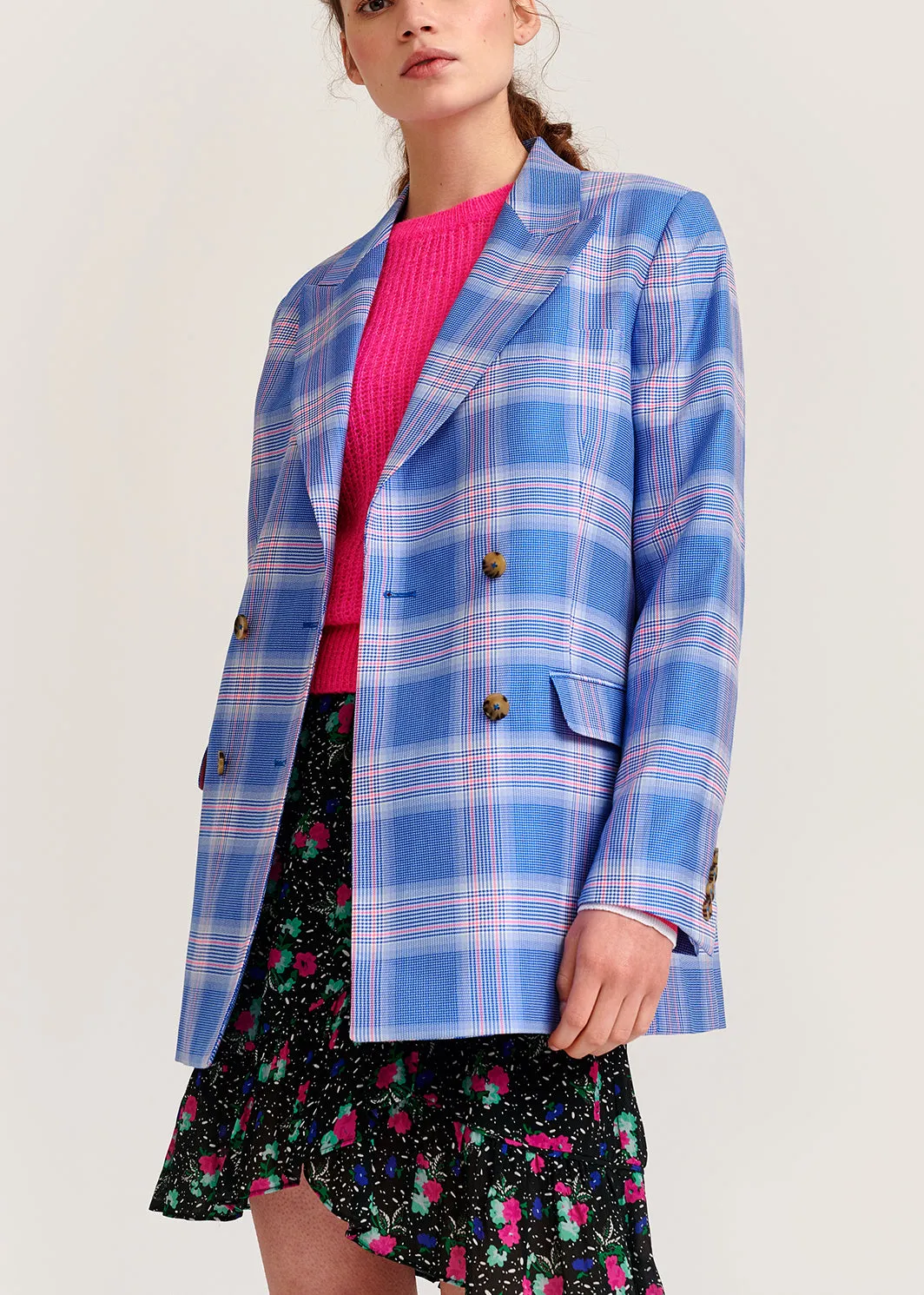 Blue plaid double-breasted blazer
