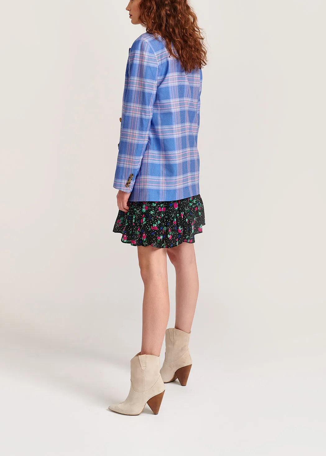 Blue plaid double-breasted blazer