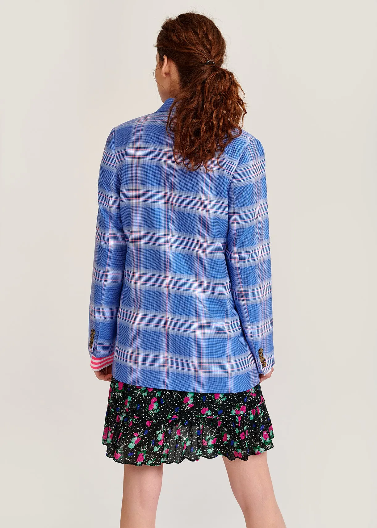 Blue plaid double-breasted blazer