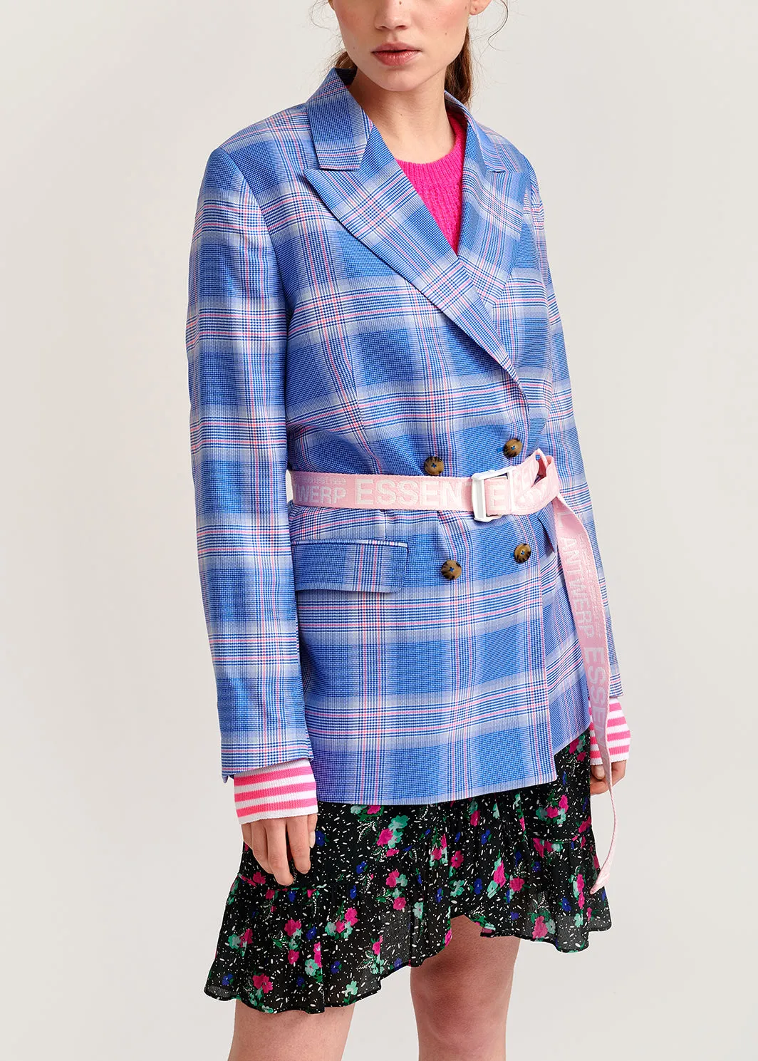 Blue plaid double-breasted blazer