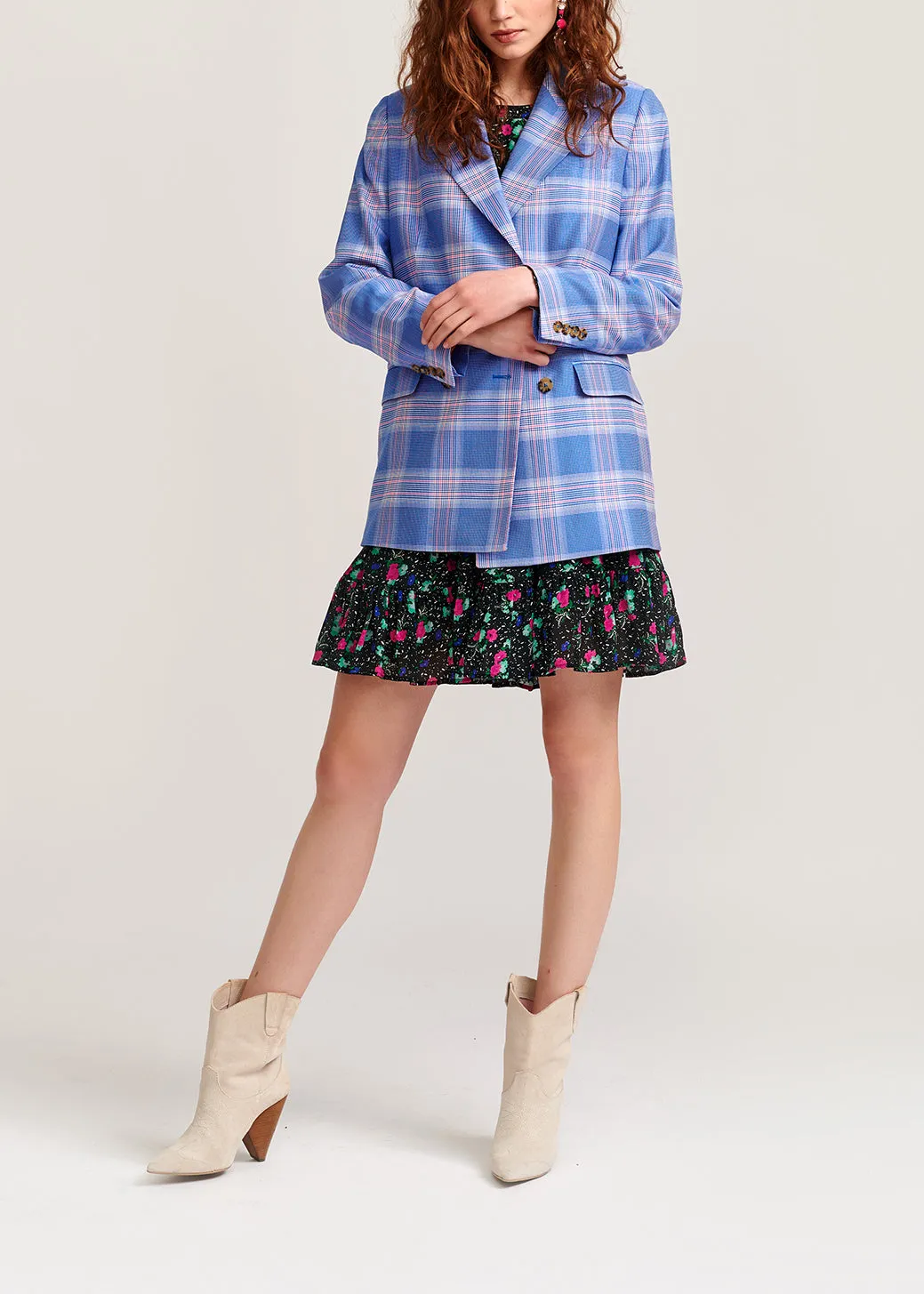 Blue plaid double-breasted blazer