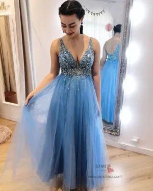 Blue Tulle A-Line V-Neck Beaded Long Prom Dresses, Evening Dresses, SP659
