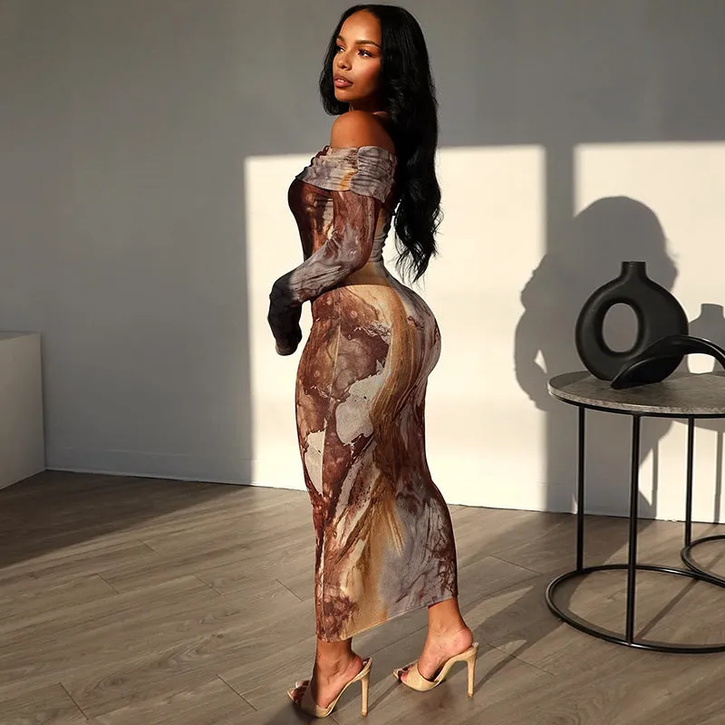 Brown Off-Shoulder Bodycon Dress